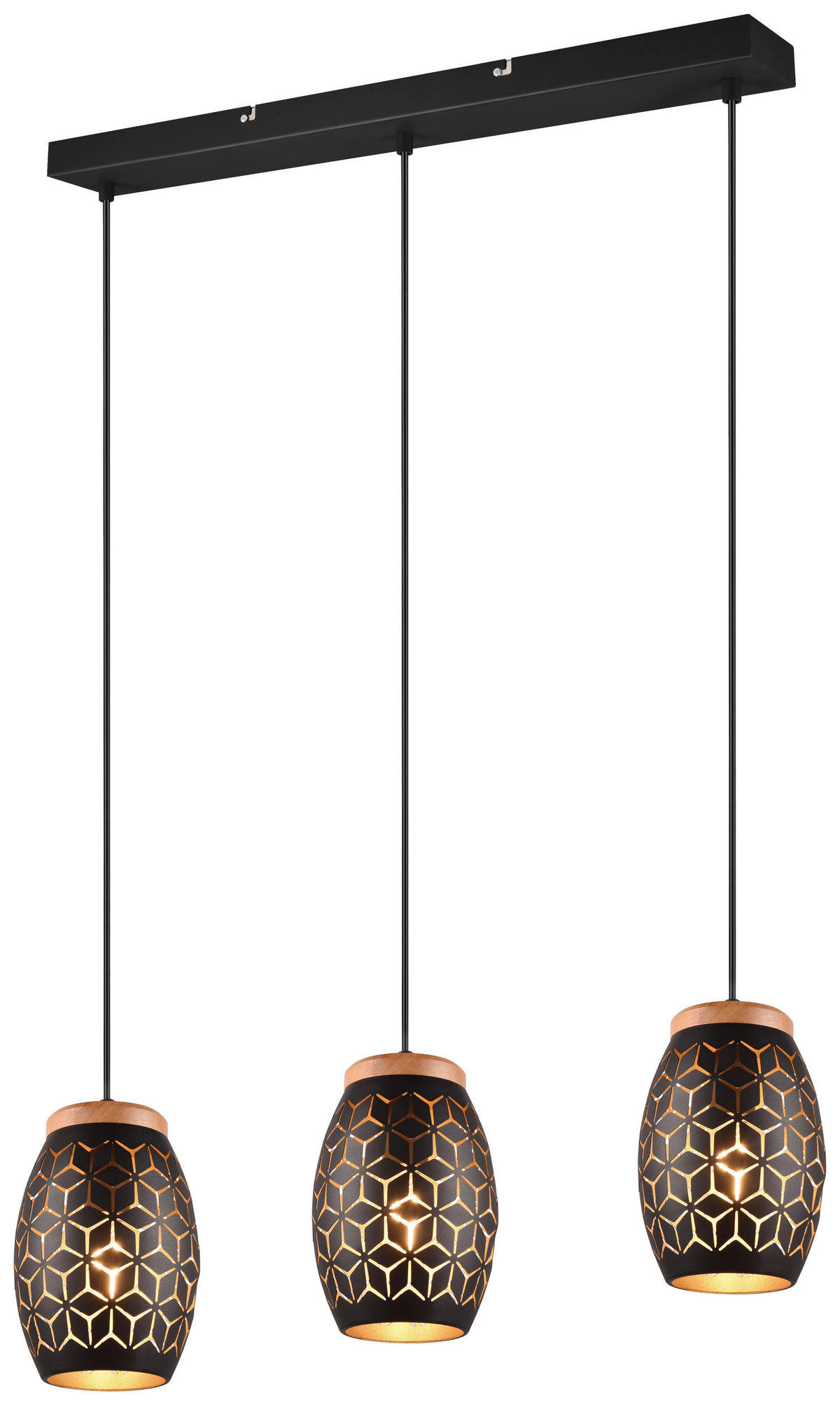 Reality Pendelleuchte schwarz gold Metall Holz B/H/L/D: ca. 71x150x15x15 cm E27 3 Brennstellen Pendelleuchte_Bidar - gold/schwarz (15,00/71,00/150,00cm) - Reality