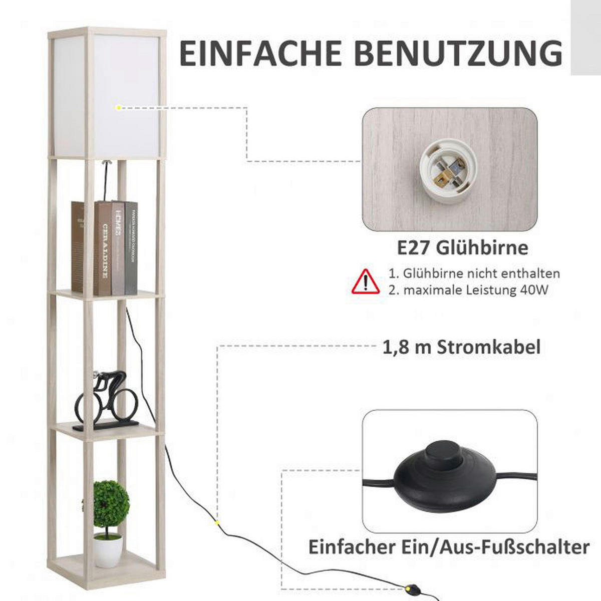 HOMCOM Stehleuchte 833-623V90AK 833-623V90AK Eiche weiß Acryl Kunststoff B/H/L: ca. 26x160x26 cm E27 1 Brennstellen Stehleuchte 833-623V90AK - Eiche/weiß (26,00/26,00/160,00cm) - HOMCOM