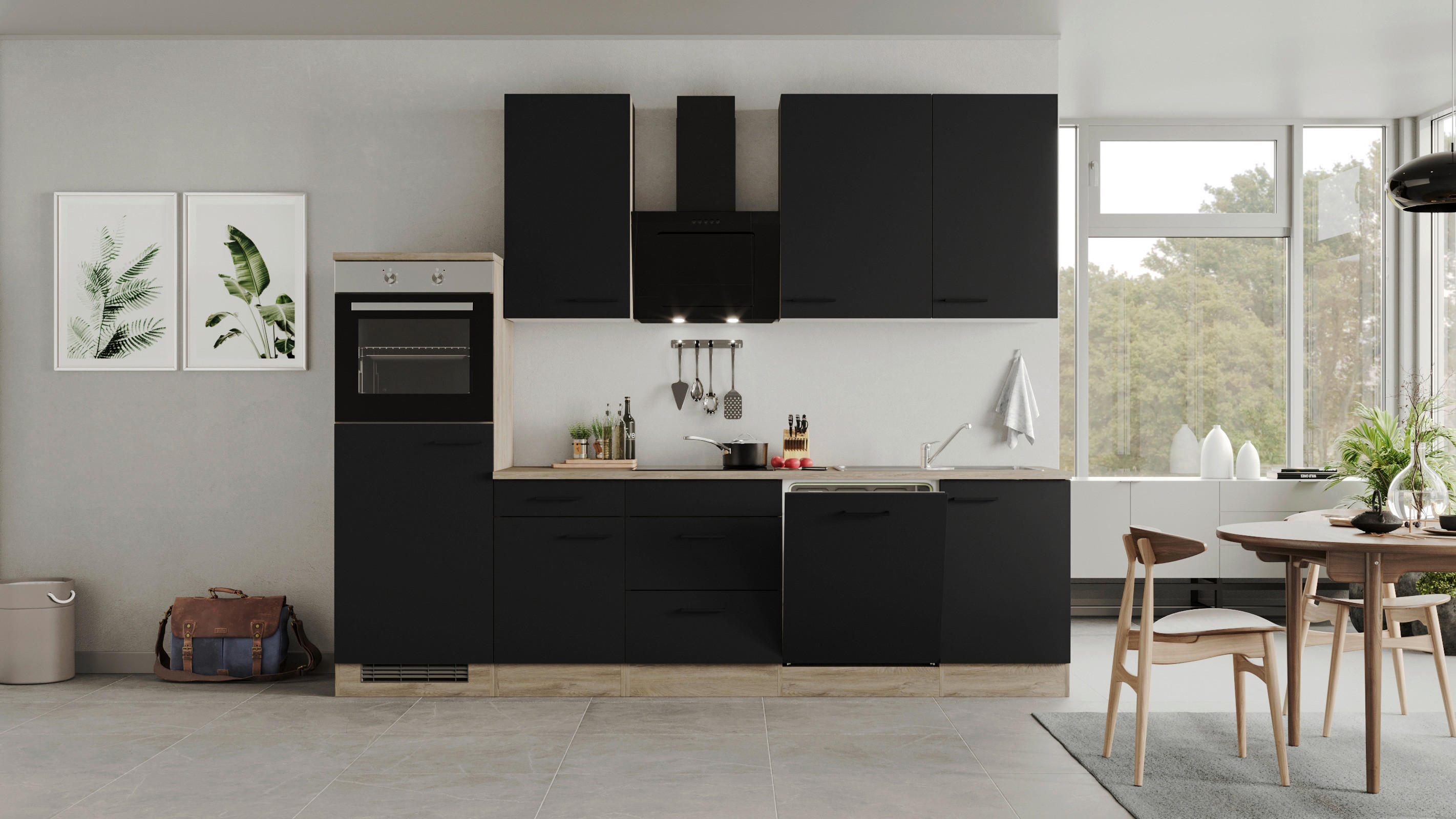 Küchenblock Capri schwarz matt B/H/T: ca. 280x234x60 cm Capri - schwarz/Oak (280,00/234,00/60,00cm) - Flex-Well