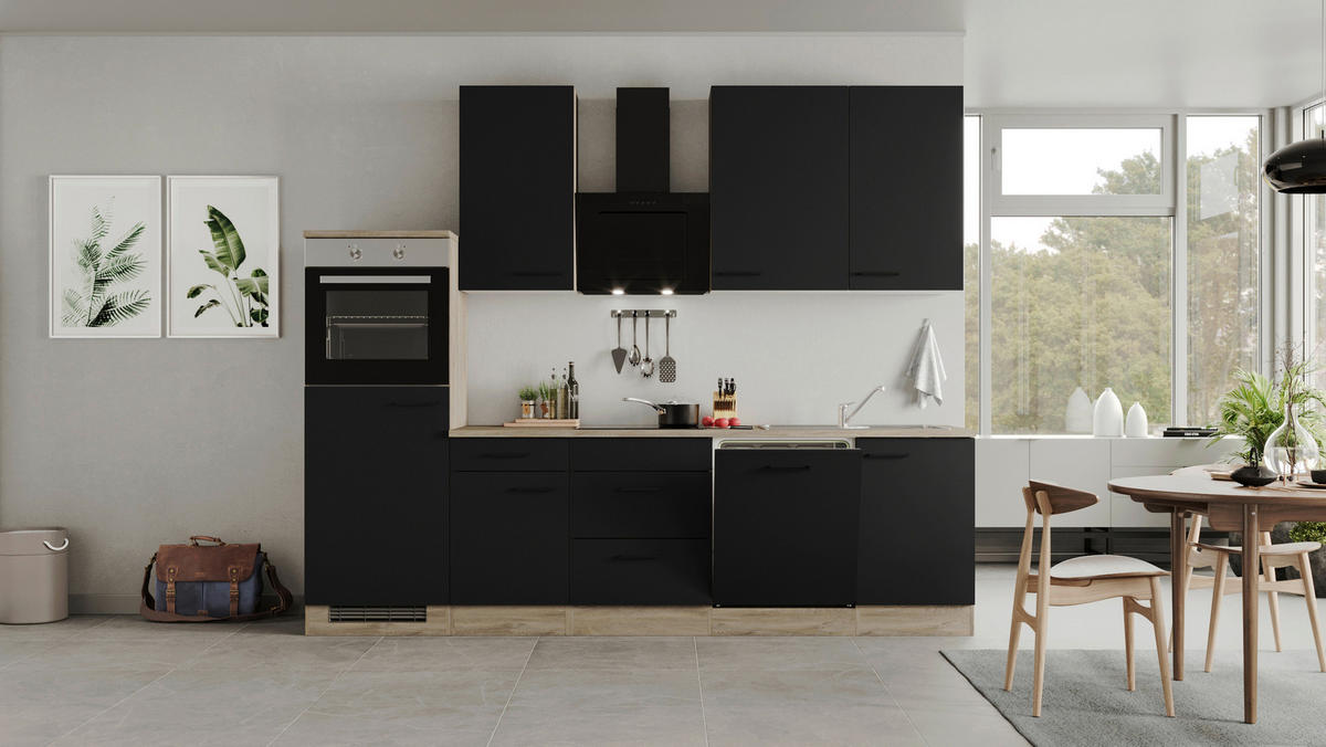 Küchenblock Capri schwarz matt B/H/T: ca. 280x234x60 cm Capri - schwarz/Oak (280,00/234,00/60,00cm) - Flex-Well