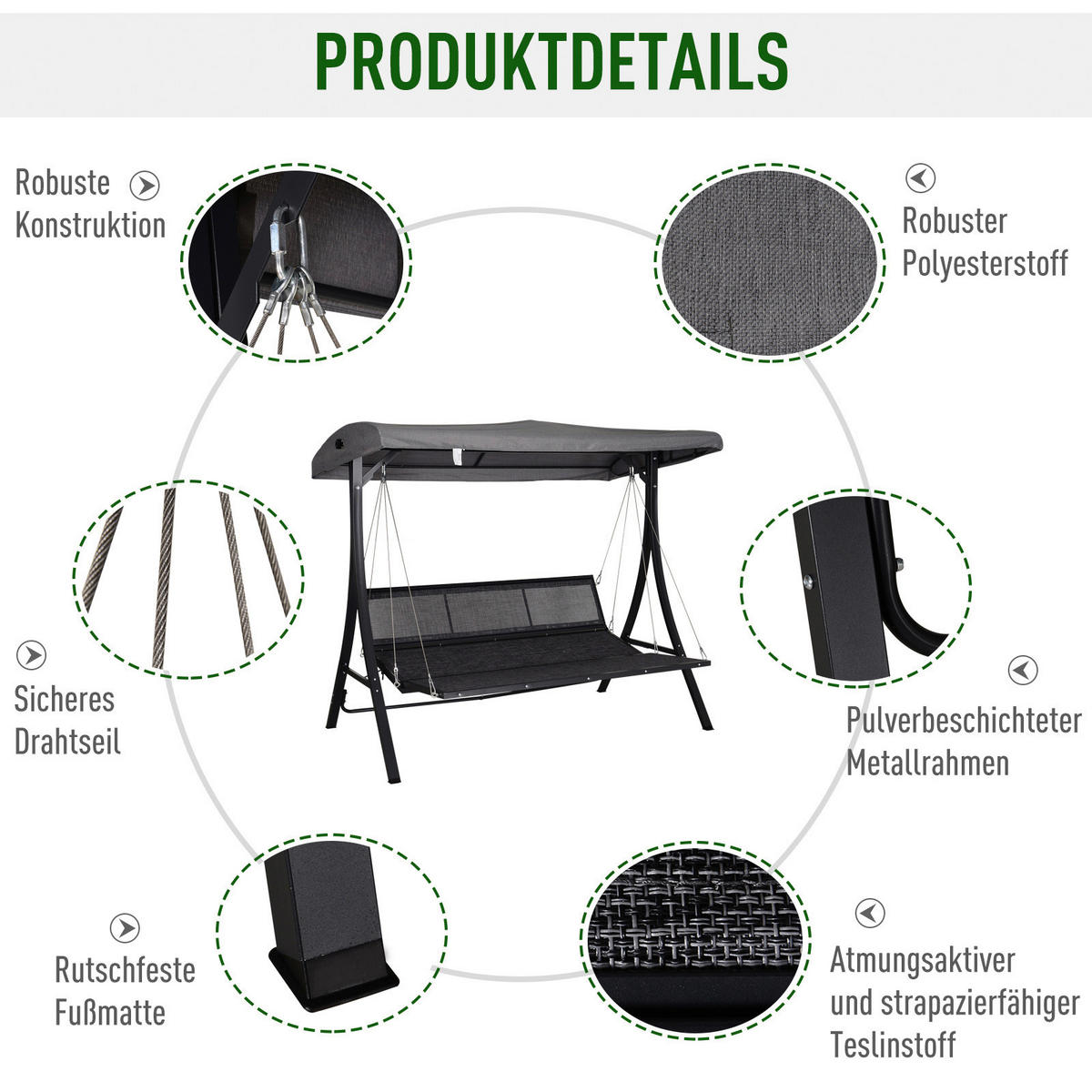 Outsunny Hollywoodschaukel grau Metall B/H/T: ca. 200x168x115 cm Hollywoodschaukel_3-Sitzer - schwarz/grau (200,00/168,00/115,00cm) - Outsunny