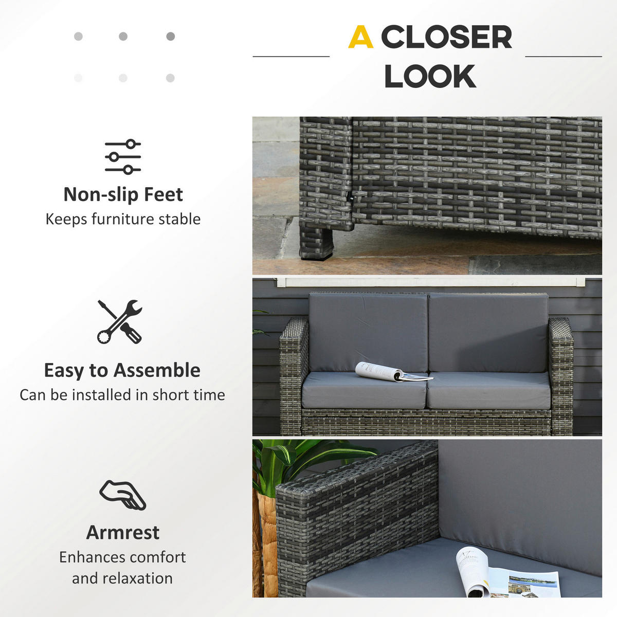 Outsunny Gartensofa grau Polyrattan B/H/L: ca. 70x130x80 cm Rattan_Sofa - grau (80,00/70,00/130,00cm) - Outsunny