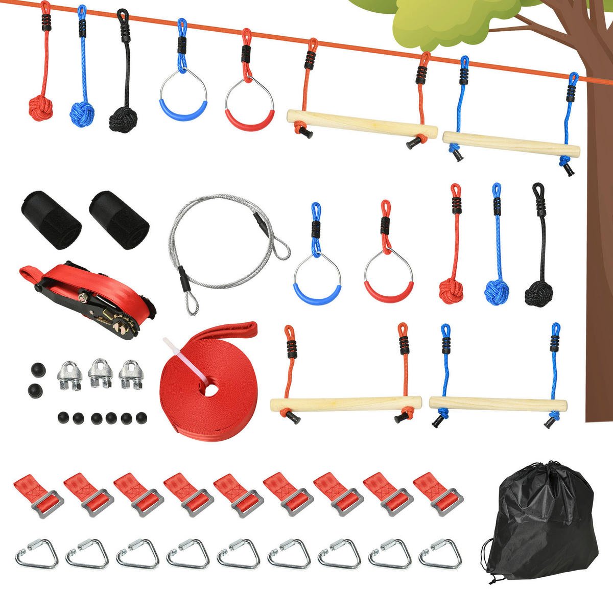 Outsunny Outdoor-Spielzeug schwarz Kunststoff B/H/L: ca. 40x1000x100 cm Ninja_Slackline-Set - blau/rot (100,00/40,00/1000,00cm) - Outsunny