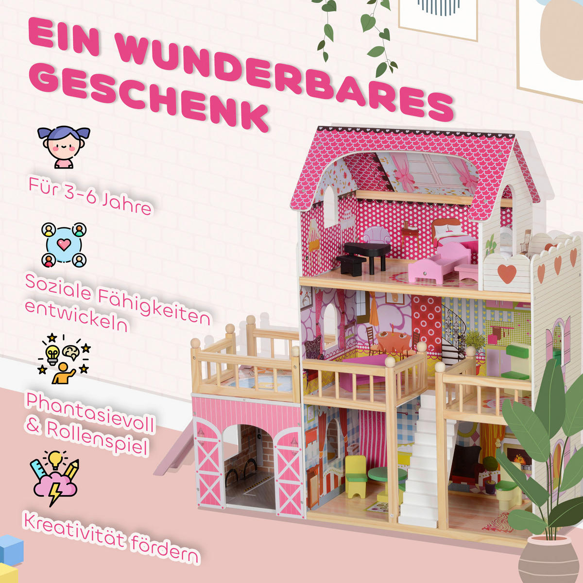AIYAPLAY Puppenhaus rosa Kiefer B/H/L: ca. 32x92,1x114,5 cm Puppenhaus - rosa (114,50/32,00/92,10cm) - AIYAPLAY