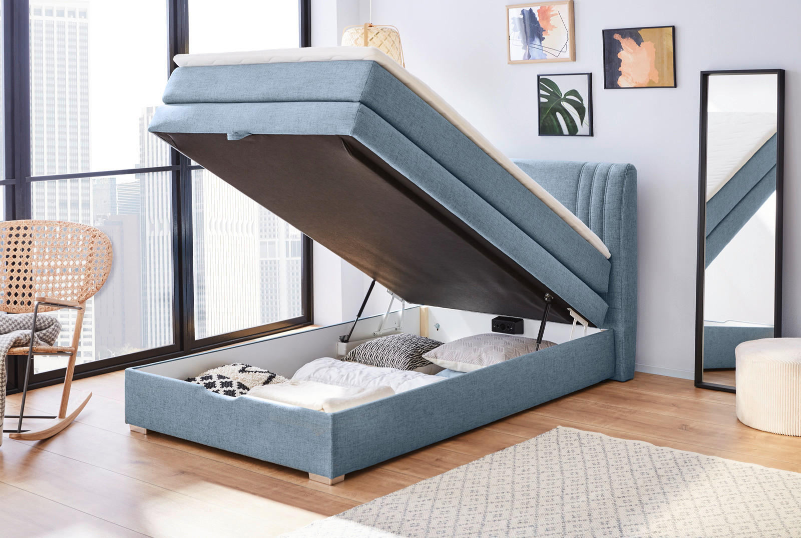 Boxspringbett blau Liegefläche B/L: ca. 120x200 cm Amira_Boxspringbett - blau/weiß (134,00/105,00/217,00cm)