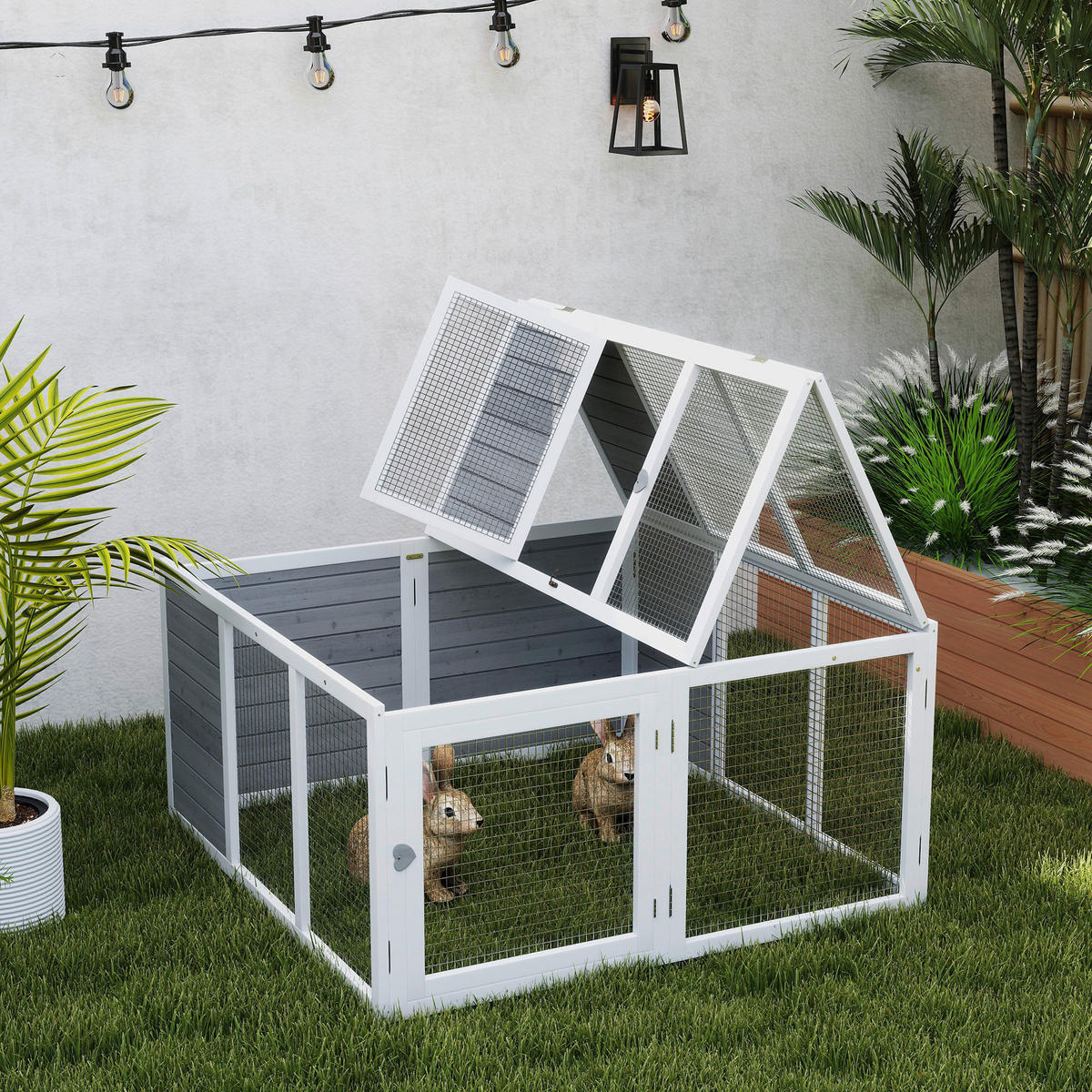 PawHut Kaninchenstall hellgrau Holz B/H/L: ca. 120x60x120 cm Kaninchenstall - hellgrau (120,00/120,00/60,00cm) - PawHut