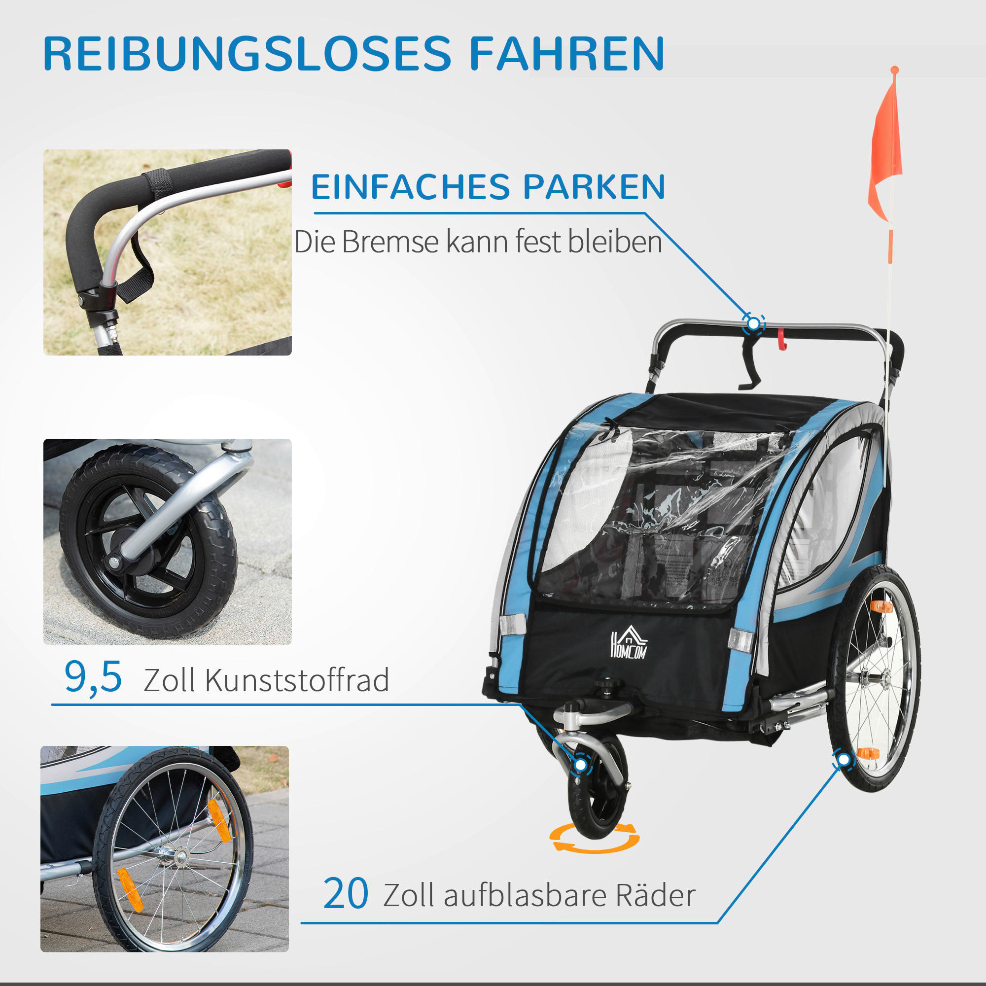 HOMCOM Fahrrad-Zubehör blau blau B/H/L: ca. 75x142x101 cm Kinderfahrradanhänger - blau/schwarz (101,00/75,00/142,00cm) - HOMCOM
