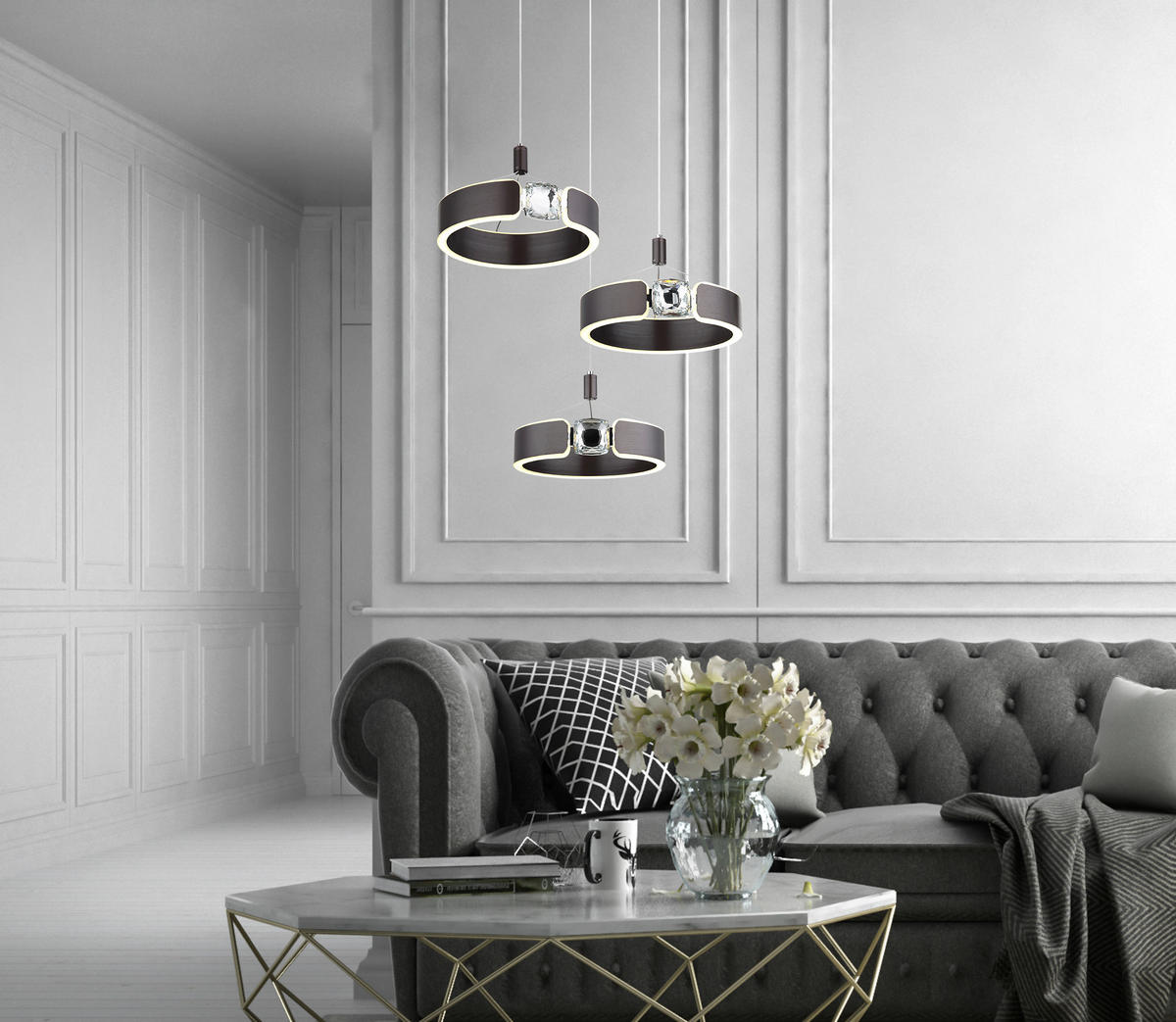 GLOBO LED-Pendelleuchte bronze Opal Metall Acryl H/L: ca. 125x44 cm LED-Pendelleuchte_Hendricks - Opal/bronze (44,00cm) - GLOBO