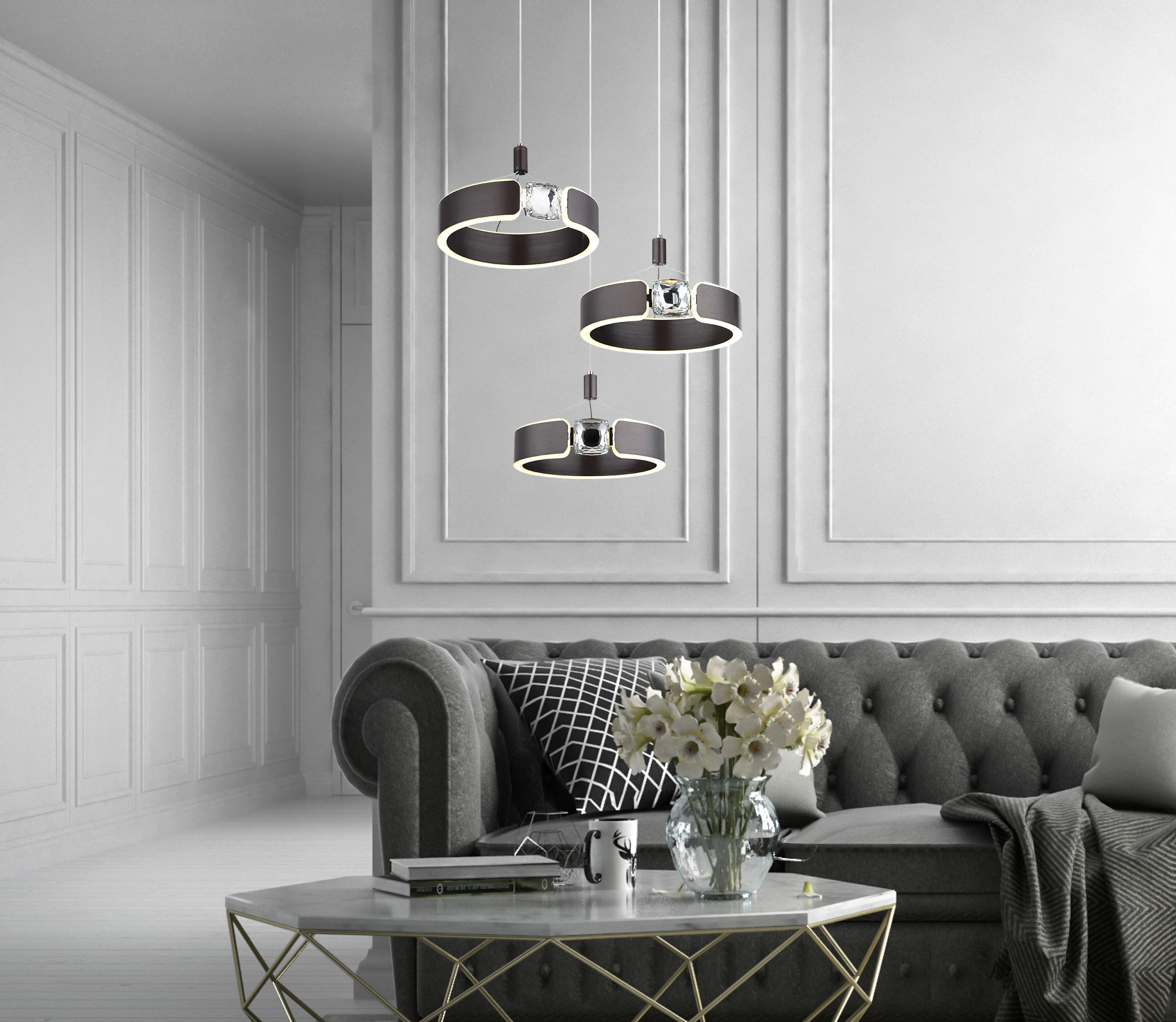 Thumbnail - GLOBO LED-Pendelleuchte bronze Opal Metall Acryl H/L: ca. 125x44 cm