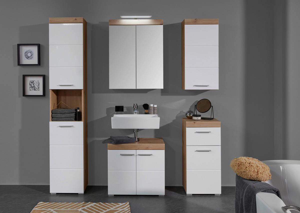 Waschbeckenunterschrank Amanda weiß Hochglanz Asteiche Nachbildung B/H/T: ca. 60x56x34 cm Amanda - weiß (60,00/56,00/34,00cm) - Trendteam