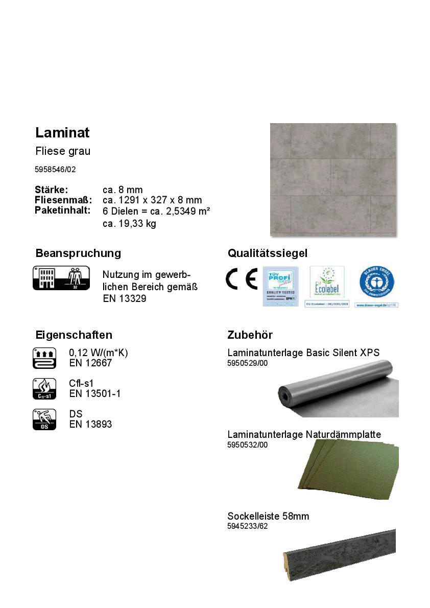 Laminatboden Fliese grau ca. 2,5349m² im Paket  B/L: ca. 34x130,5 cm pro Paket Fliese grau ca. 2,5349m² im Paket - grau (34,00/130,50cm)