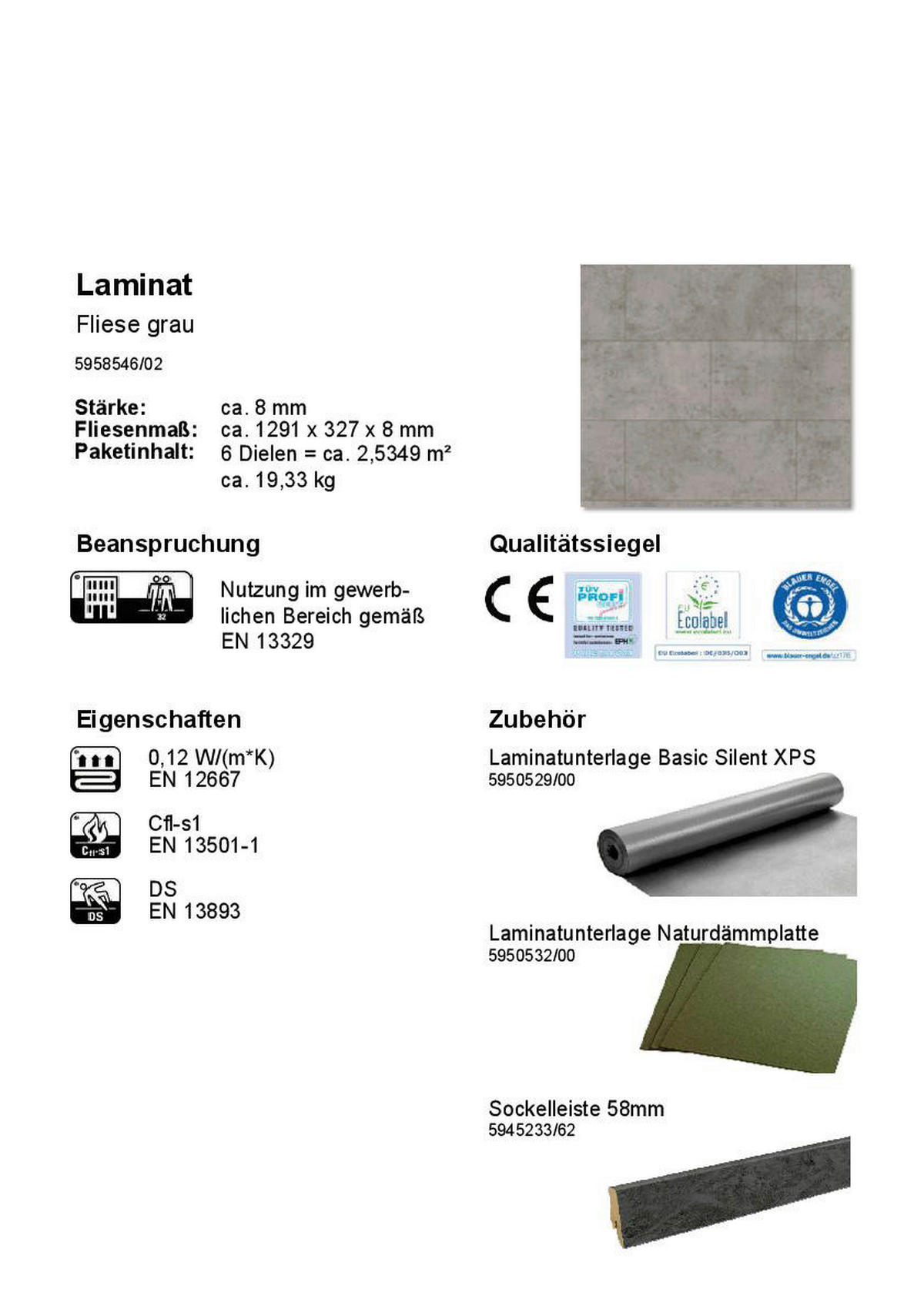 Laminatboden Fliese grau ca. 2,5349m² im Paket  B/L: ca. 34x130,5 cm pro Paket Fliese grau ca. 2,5349m² im Paket - grau (34,00/130,50cm)
