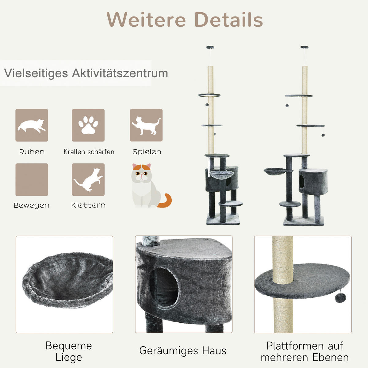 PawHut Kratzbaum grau Polypropylen B/H/L: ca. 45x55x265 cm Kratzbaum - grau (265,00/45,00/55,00cm) - PawHut