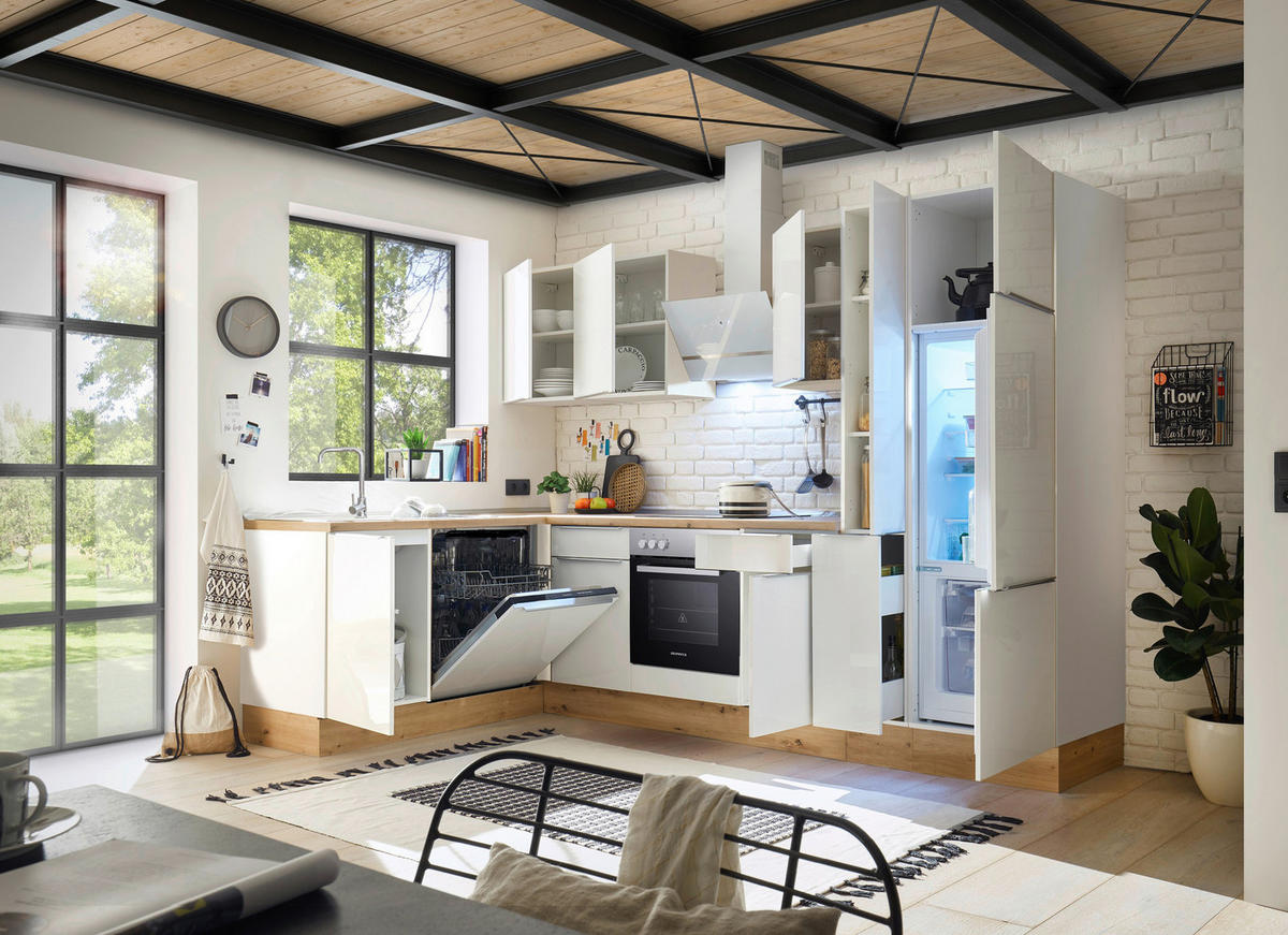 Respekta Winkelküche Marleen weiß Hochglanz B/H/T: ca. 310x211x170 cm Marleen - Eiche/weiß (310,00/211,00/170,00cm) - Respekta