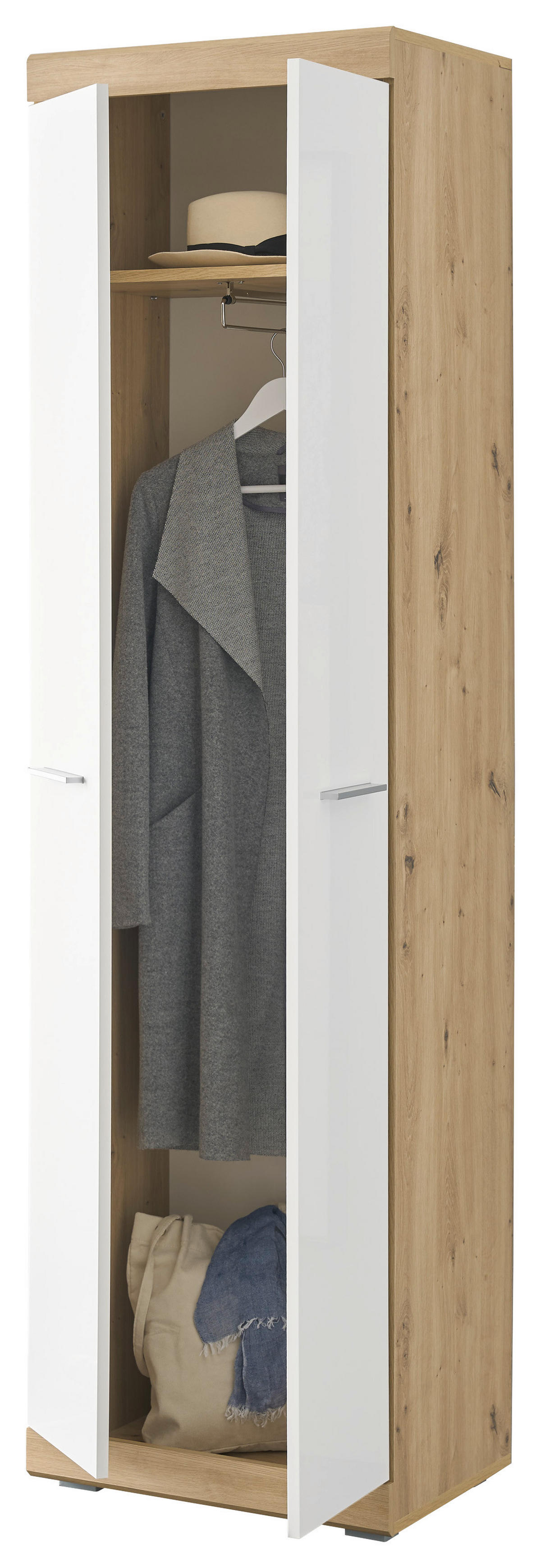 Garderobenschrank Nola Eiche Artisan Nachbildung weiß Hochglanz B/H/T: ca. 55x195x38 cm Nola - Eiche/weiß (55,00/195,00/38,00cm)