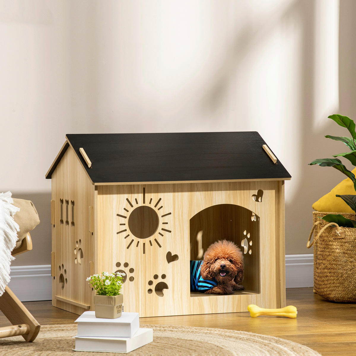 PawHut Hundehütte Eiche MDF B/H/L: ca. 50x58,5x69 cm Hundehütte - Eiche/schwarz (69,00/50,00/58,50cm) - PawHut