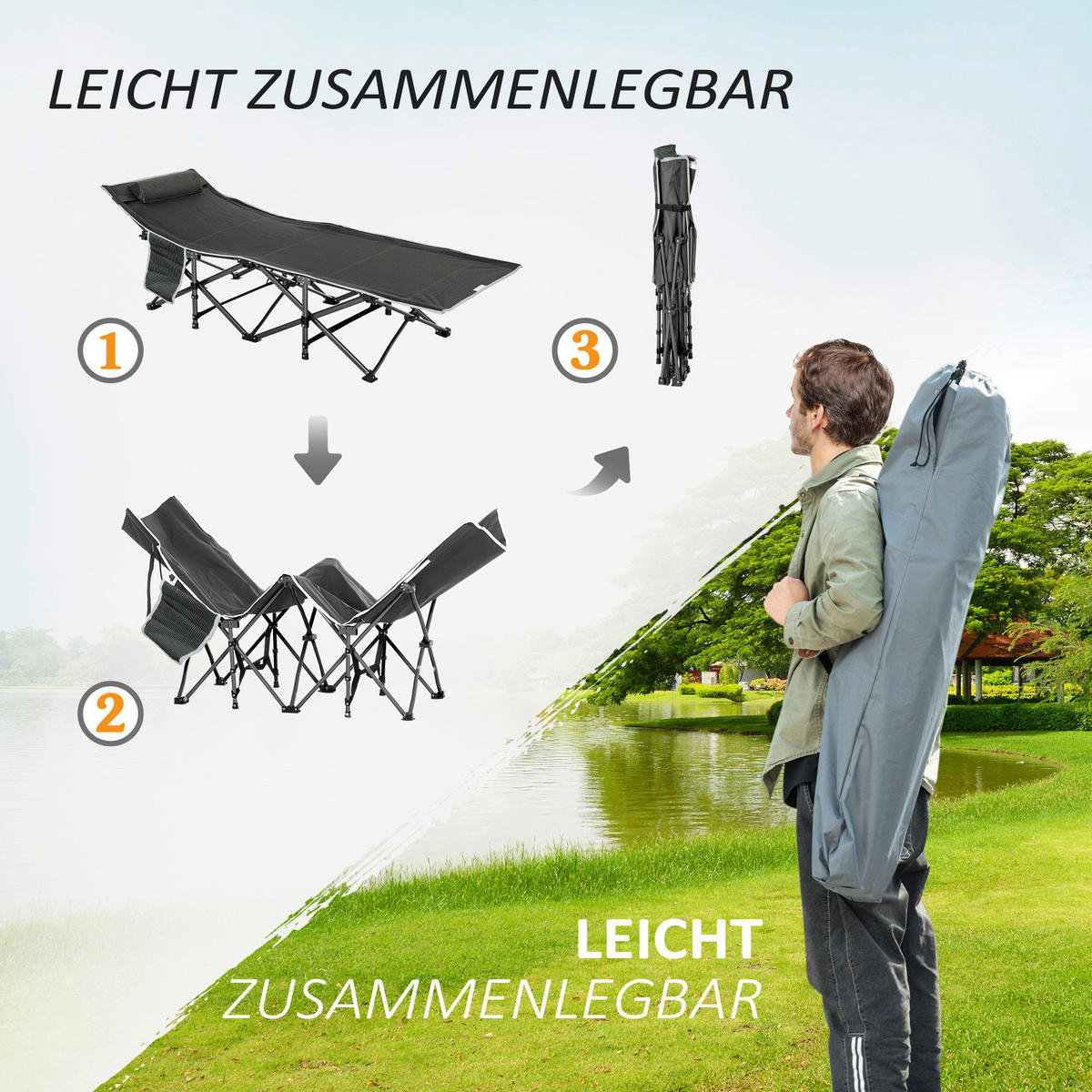 Outsunny Campingbett B/H/L: ca. 64,5x53x188 cm Campingbett - dunkelblau/grau (188,00/64,50/53,00cm) - Outsunny