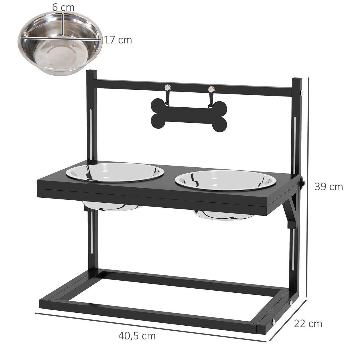 PawHut Tier-Zubehör schwarz Edelstahl B/H/L: ca. 22x40,5x39 cm Futterstation - schwarz (39,00/22,00/40,50cm) - PawHut