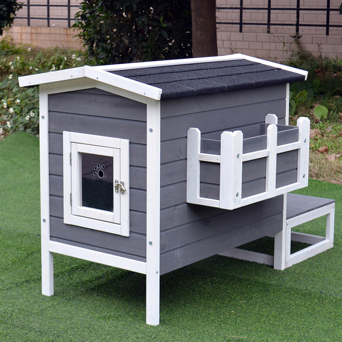 PawHut Katzenhaus grau Holz B/H/L: ca. 67x75x115 cm Katzenhaus - weiß/grau (115,00/67,00/75,00cm) - PawHut