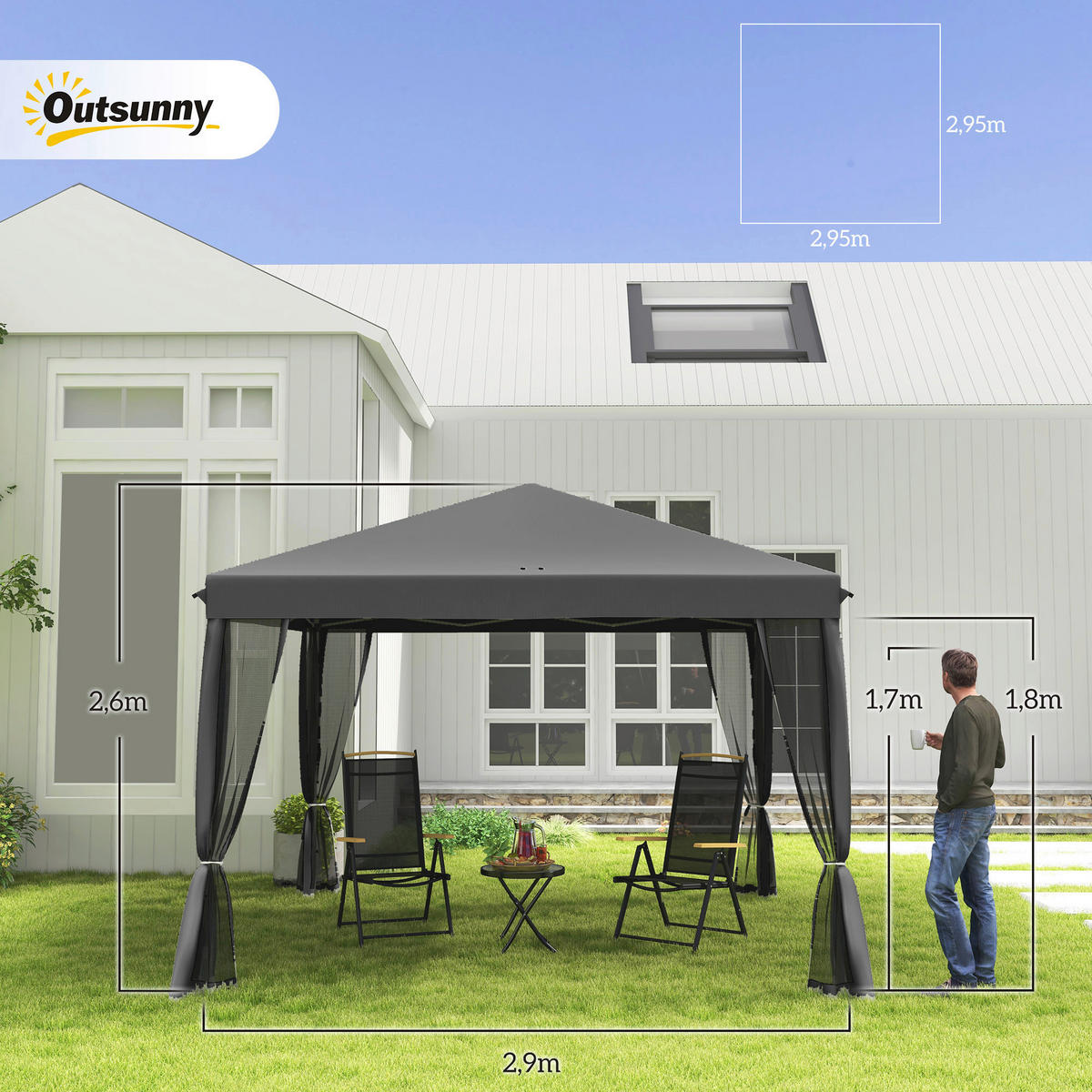 Outsunny Pavillon schwarz Metall B/H/L: ca. 295x260x295 cm Pavillon - hellgrau/schwarz (295,00/295,00/260,00cm) - Outsunny