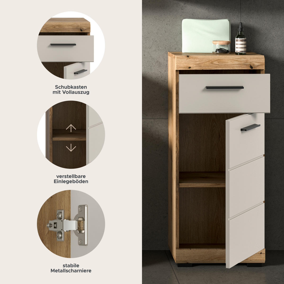 Badhochschrank Scout Evoke Oak Nachbildung Kaschmirgrau Nachbildung B/H/T: ca. 37x88x31 cm Scout - Kaschmirgrau (37,00/88,00/31,00cm) - xonox.home