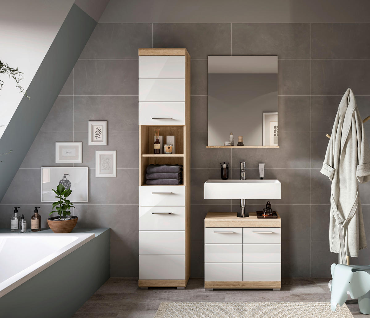 Badezimmer-Set Lambada Eiche Sonoma Nachbildung weiß Hochglanz B/H/T: ca. 112x191x34 cm Lambada - Eiche/weiß (112,00/191,00/34,00cm) - xonox.home