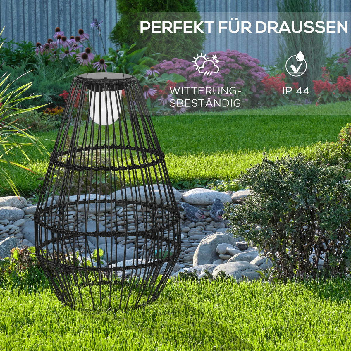 Solarleuchte 867-125V00BK schwarz Edelstahl Polypropylen Polyrattan B/H/L: ca. 34x34x56 cm Solarlampe - schwarz (56,00/34,00/34,00cm) - Outsunny