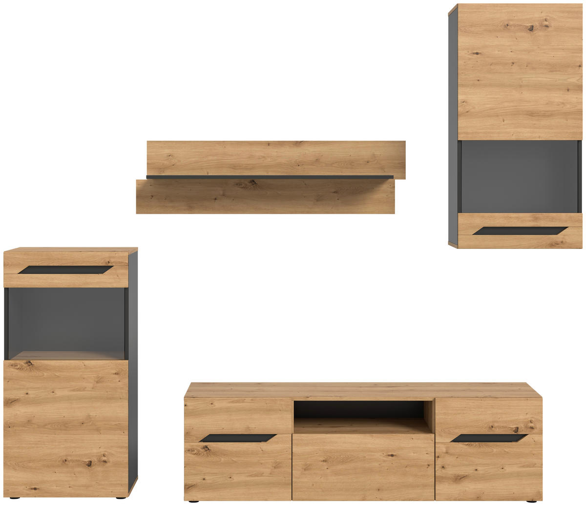 Wohnwand Caserta basaltgrau Nachbildung Artisan Oak Nachbildung B/H/T: ca. 253x196x40 cm Caserta - basaltgrau (253,00/196,00/40,00cm) - xonox.home