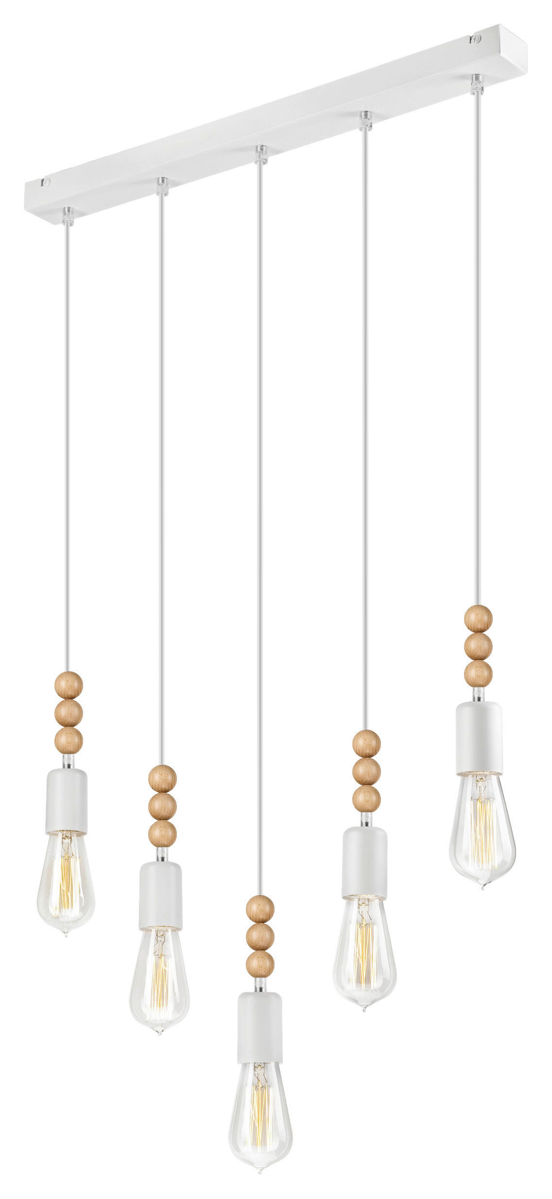 Lamkur Pendelleuchte SIMON 37332 weiß Stahl Holz H/L: ca. 94x60 cm E27 5 Brennstellen Simon - weiß (60,00cm) - Lamkur