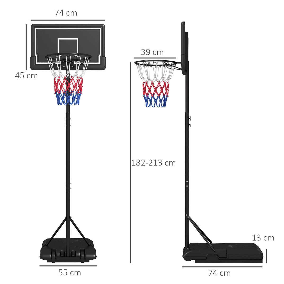 SPORTNOW Basketballkorb schwarz B/H/L: ca. 55x74x250 cm Basketballständer - schwarz (250,00/55,00/74,00cm) - SPORTNOW