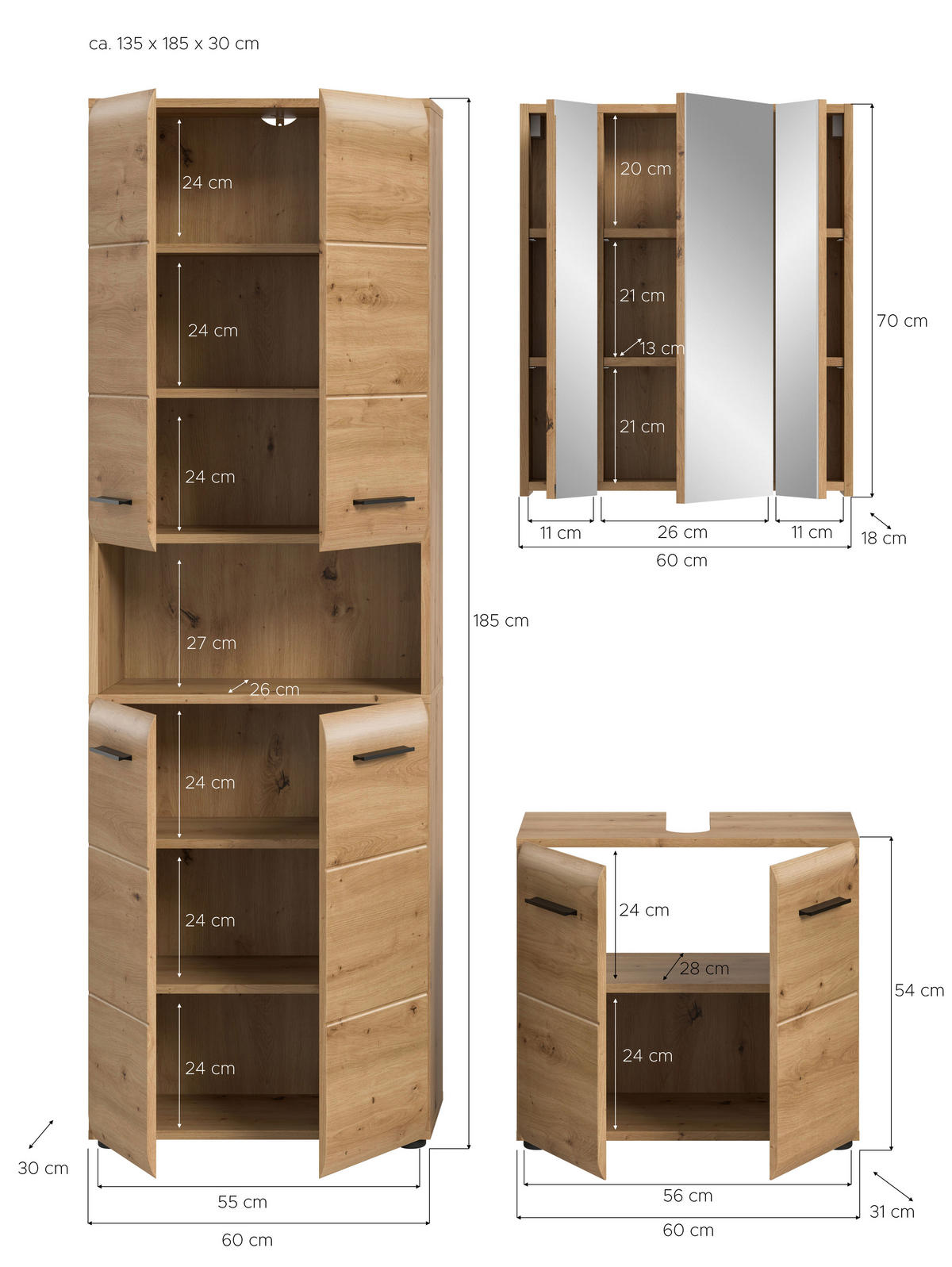 Badezimmer-Set Ice Artisan Oak Nachbildung B/H/T: ca. 135x185x30 cm Ice - (135,00/185,00/30,00cm) - xonox.home