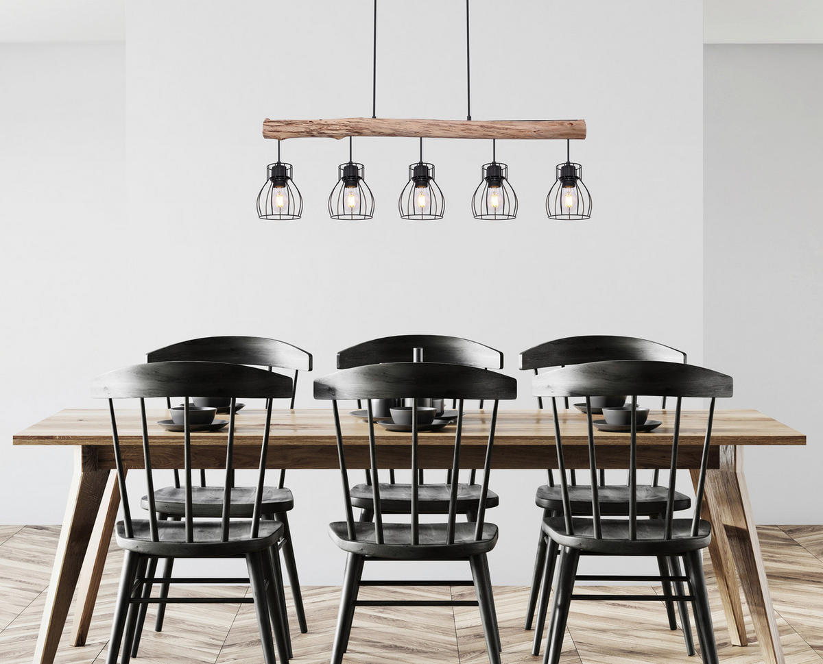 GLOBO Pendelleuchte 15326-5NPO natur schwarz Holz Metall B/H: ca. 104x140 cm E27 5 Brennstellen Pendelleuchte_Mina 5flg. - natur/schwarz (104,00/140,00cm) - GLOBO