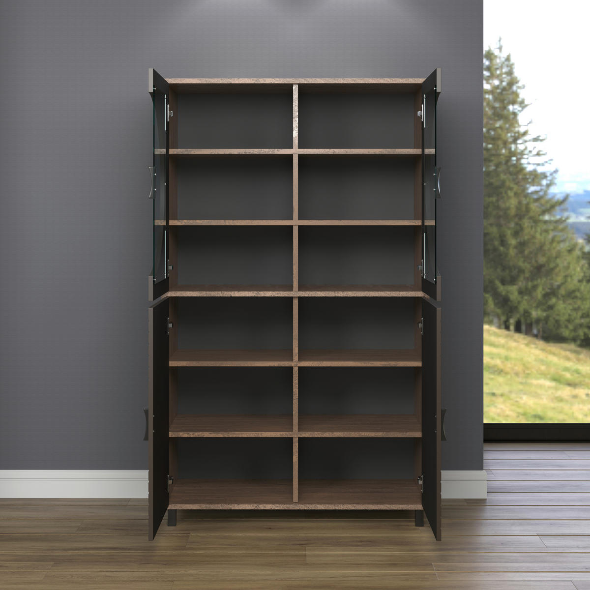 Highboardvitrine Fusion Eiche dunkel Nachbildung bronze Optik B/H/T: ca. 97x163x42 cm Fusion - Eiche/bronze (97,00/163,00/42,00cm)