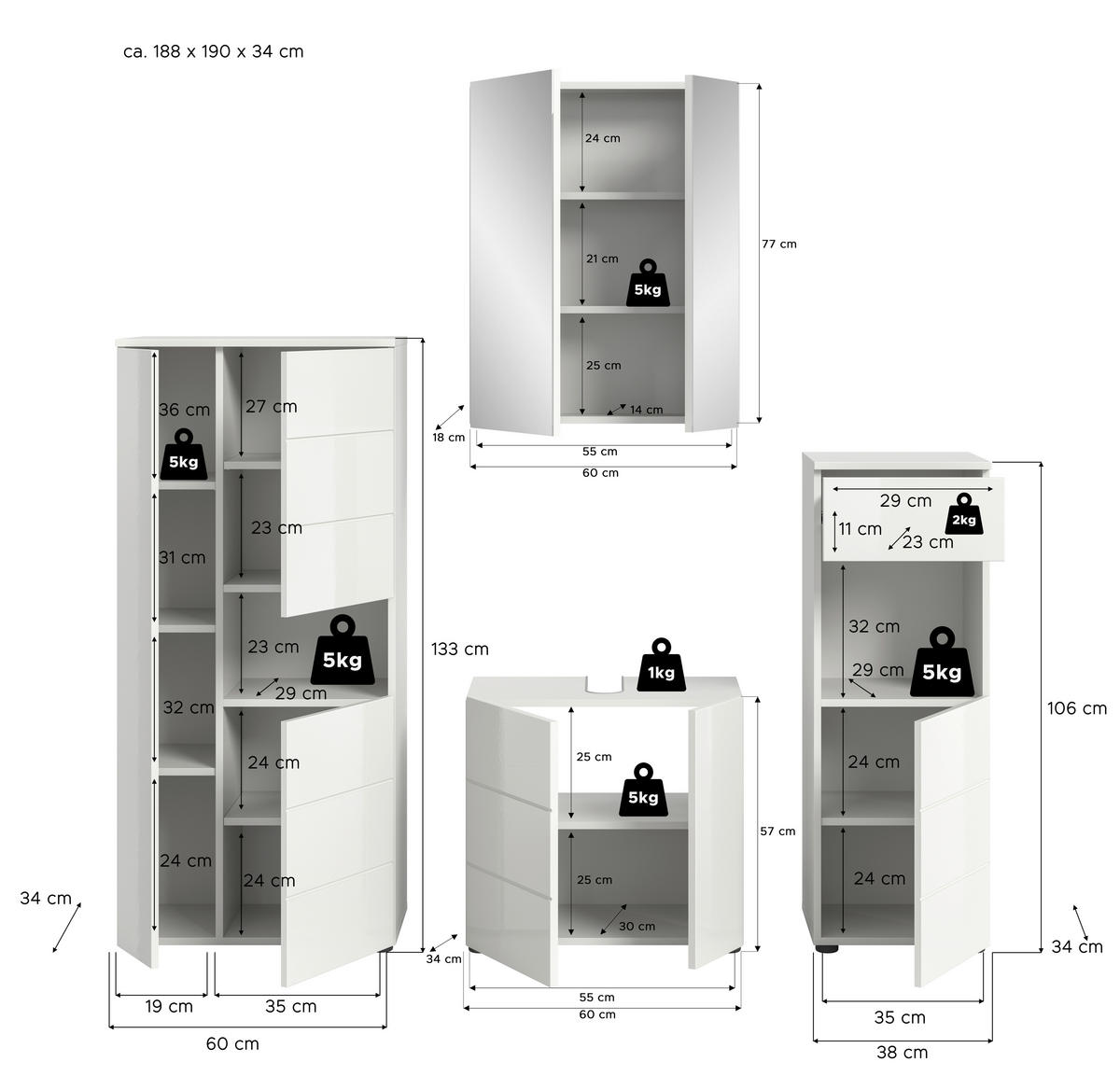 Badezimmer-Set VIRA weiß weiß Hochglanz B/H/T: ca. 188x190x34 cm VIRA - weiß (188,00/190,00/34,00cm) - xonox.home