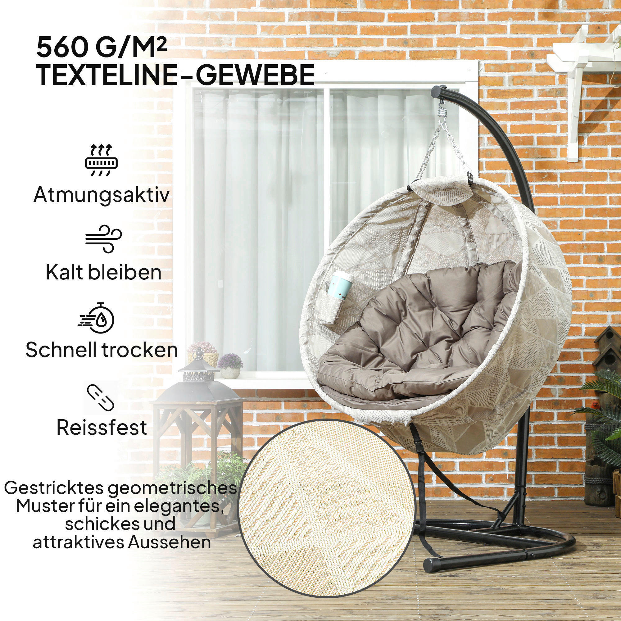 Outsunny Hängesessel sand Stahl B/H/L: ca. 106x178x114 cm Hängesessel - sand (114,00/106,00/178,00cm) - Outsunny