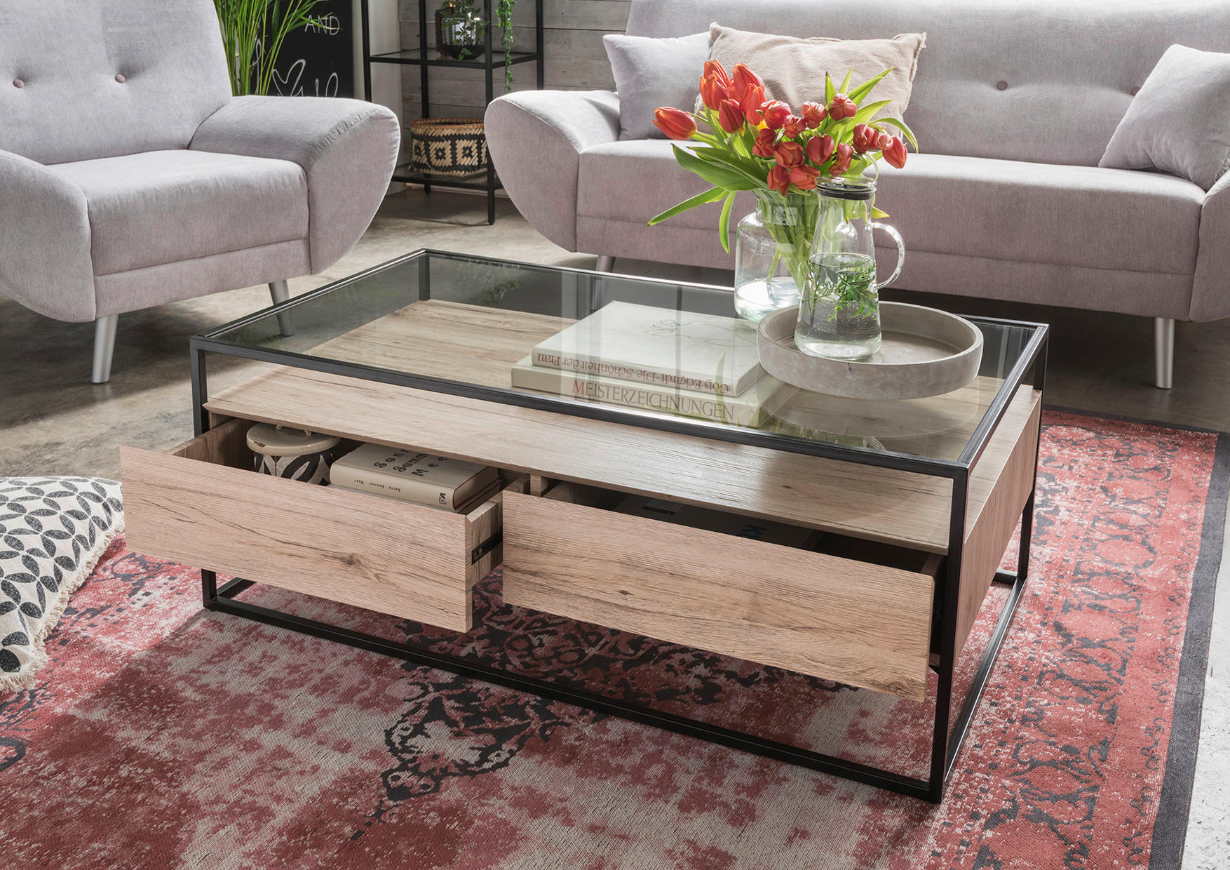 Couchtisch Bozen II glasklar Eiche Sonoma Nachbildung schwarz B/H/T: ca. 110x42x60 cm Bozen II - Eiche/schwarz (110,00/42,00/60,00cm)