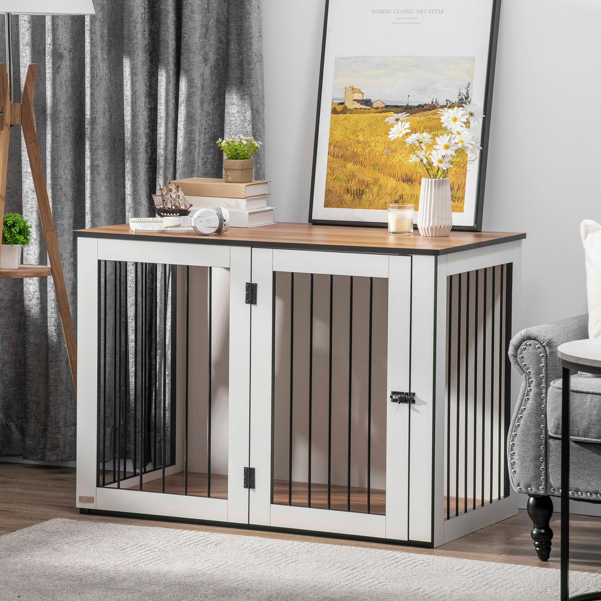 PawHut Hundekäfig weiß Spanplatte B/H/L: ca. 60x76x106 cm Hundekäfig - weiß/walnuss (106,00/60,00/76,00cm) - PawHut