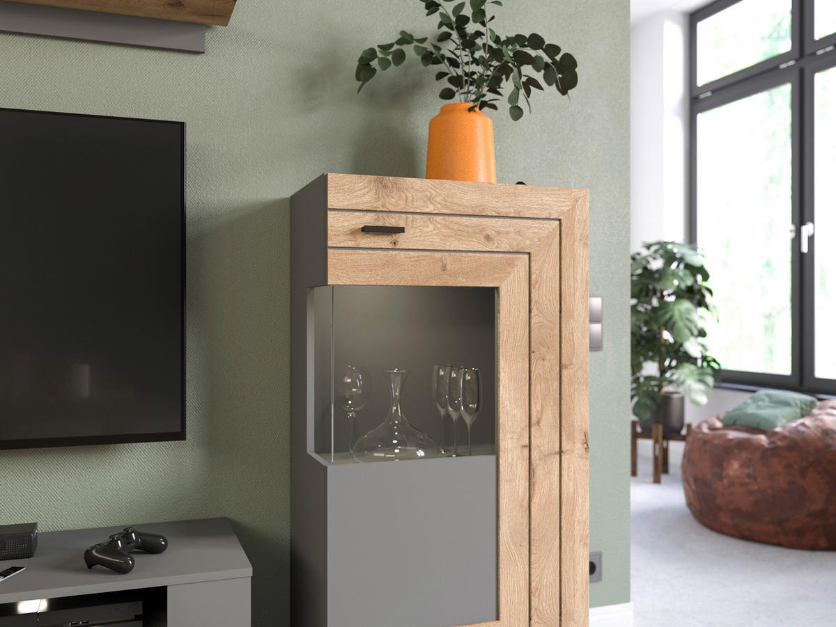 Wohnwand Freno grau matt Eiche Nox Oak Nachbildung B/H/T: ca. 290x194x40 cm Freno - Eiche/grau (290,00/194,00/40,00cm) - xonox.home