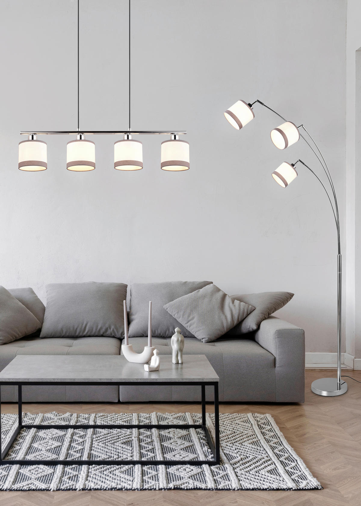 Reality Pendelleuchte R31554006 Davos Chrom weiß Metall Stoff B/H/T/D: ca. 75x150x12x12 cm E14 4 Brennstellen Davos - weiß/Chrom (75,00/150,00/12,00cm) - Reality