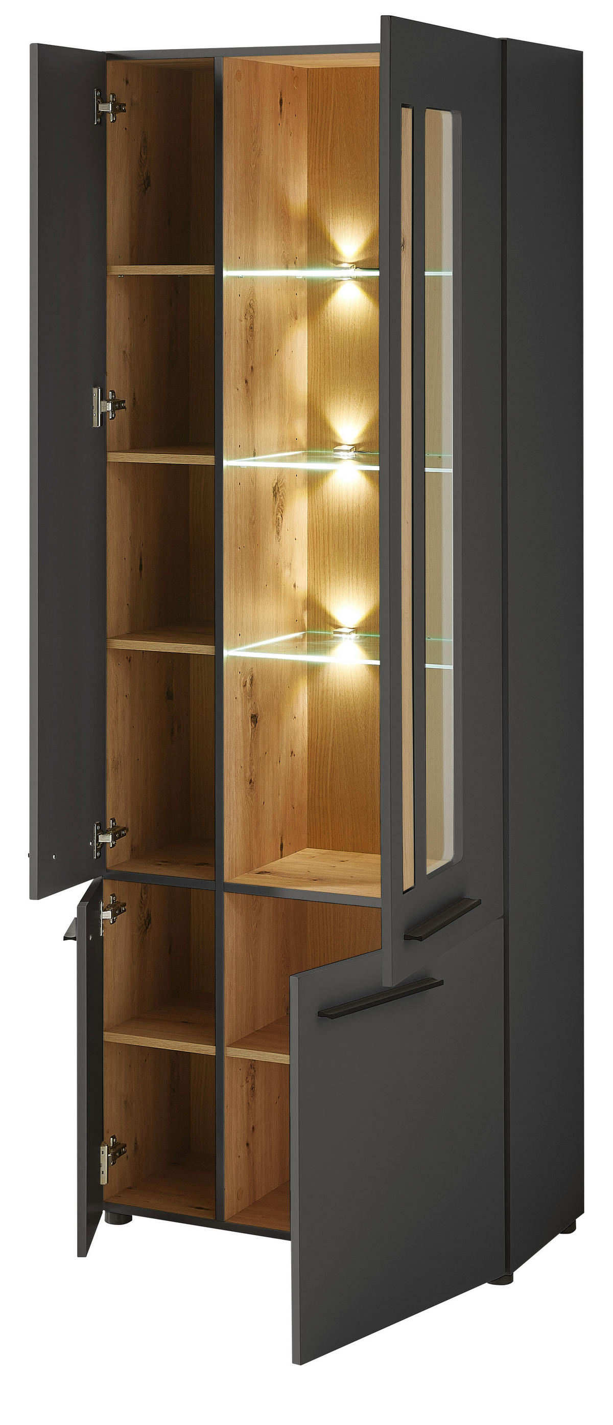 Standvitrine Loft Two Eiche Artisan Nachbildung Graphit Lacklaminat supermatt B/H/T: ca. 76x201x37 cm Loft Two - Eiche/schwarz (76,00/201,00/37,00cm)