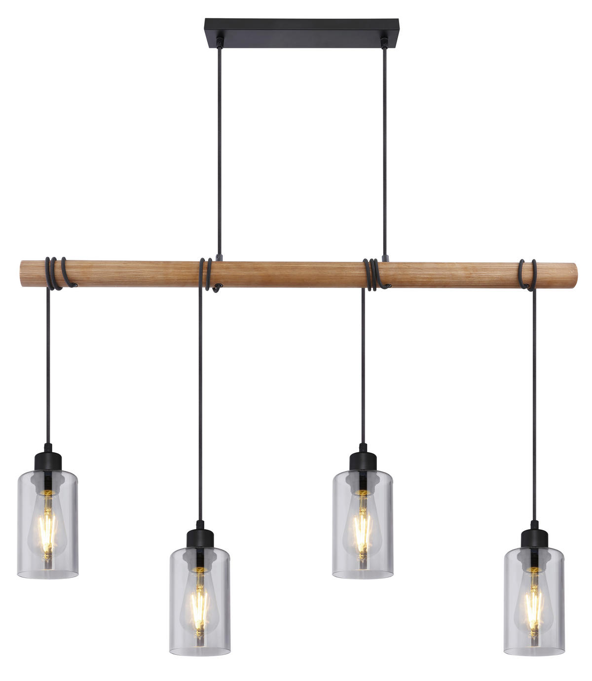 GLOBO Pendelleuchte HADERA 15465-4H1 schwarz natur Metall Holz Rauchglas B/H/T: ca. 98x130x15 cm E27 4 Brennstellen HADERA - natur/schwarz (98,00/130,00/15,00cm) - GLOBO