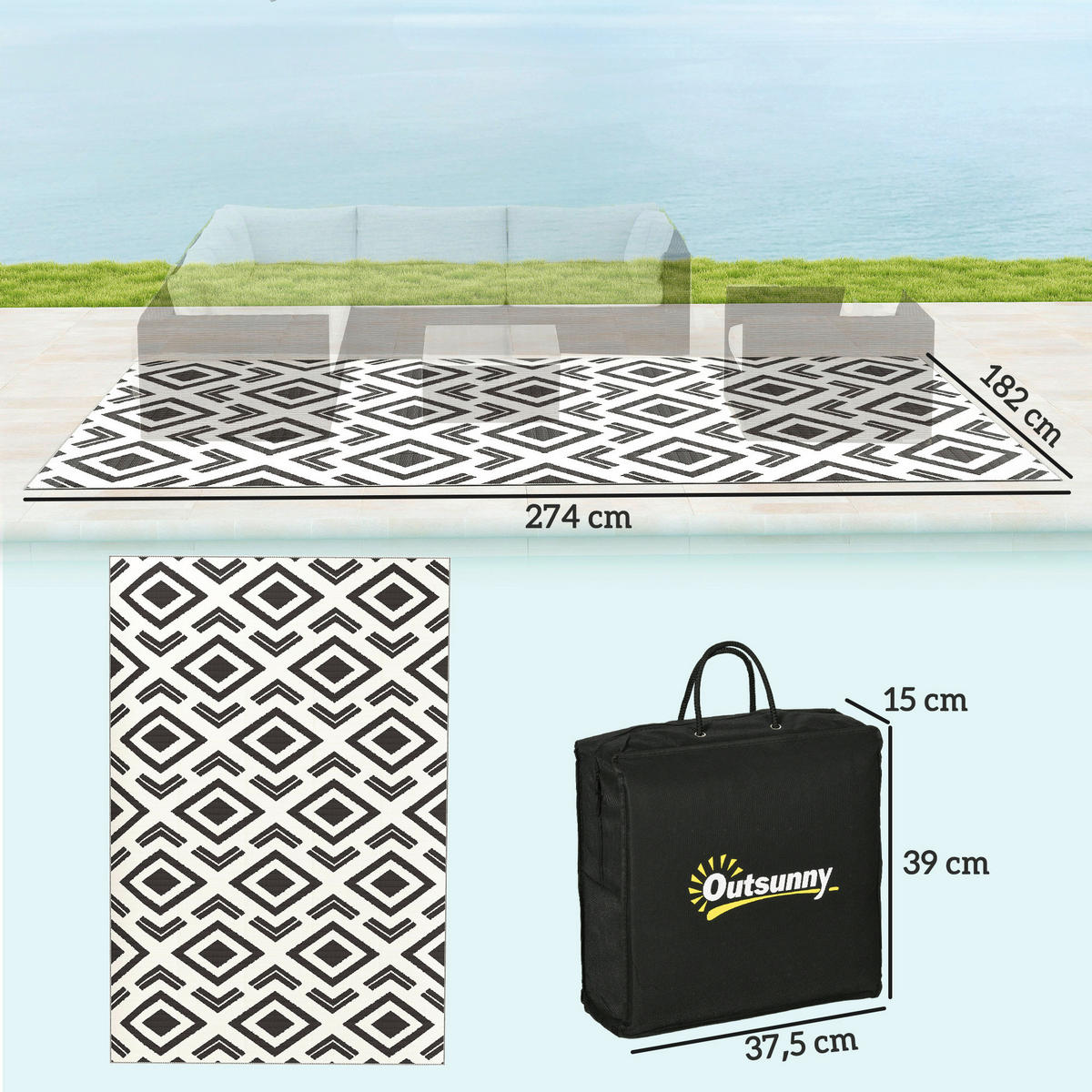 Outsunny Outdoor-Teppich schwarz B/H/L: ca. 274x1x182 cm Outdoor-Teppich - weiß/schwarz (182,00/274,00/1,00cm) - Outsunny
