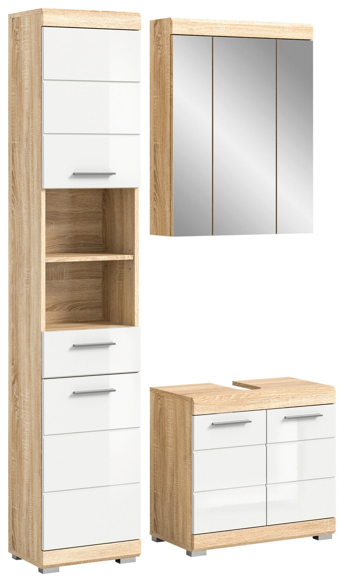 Badezimmer-Set LAMBADA Eiche Sonoma hell Nachbildung weiß Hochglanz B/H/T: ca. 112x191x34 cm LAMBADA - Eiche/weiß (112,00/191,00/34,00cm) - xonox.home