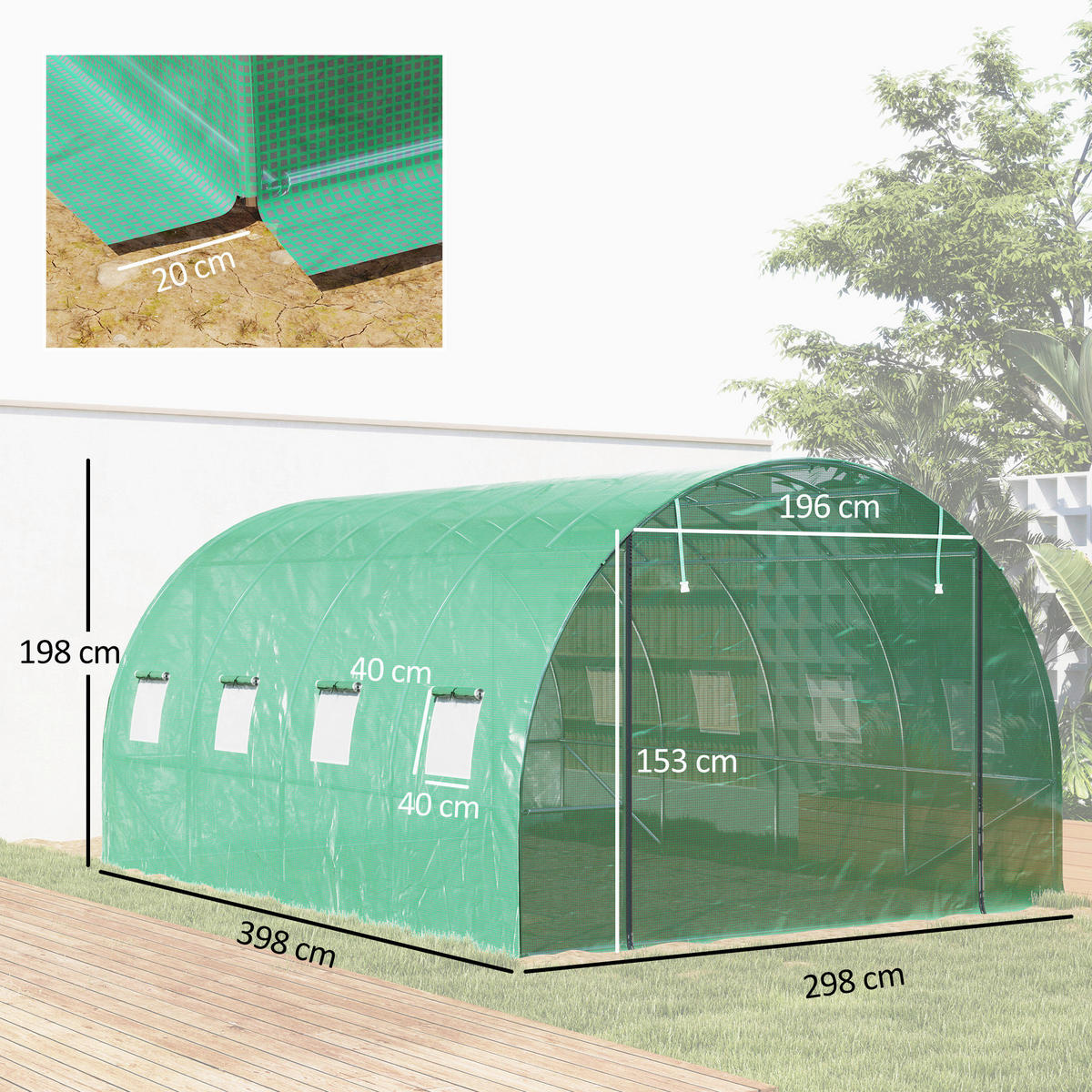 Outsunny Folientunnel B/H/L: ca. 298x198x398 cm Folientunnel - grün (398,00/298,00/198,00cm) - Outsunny