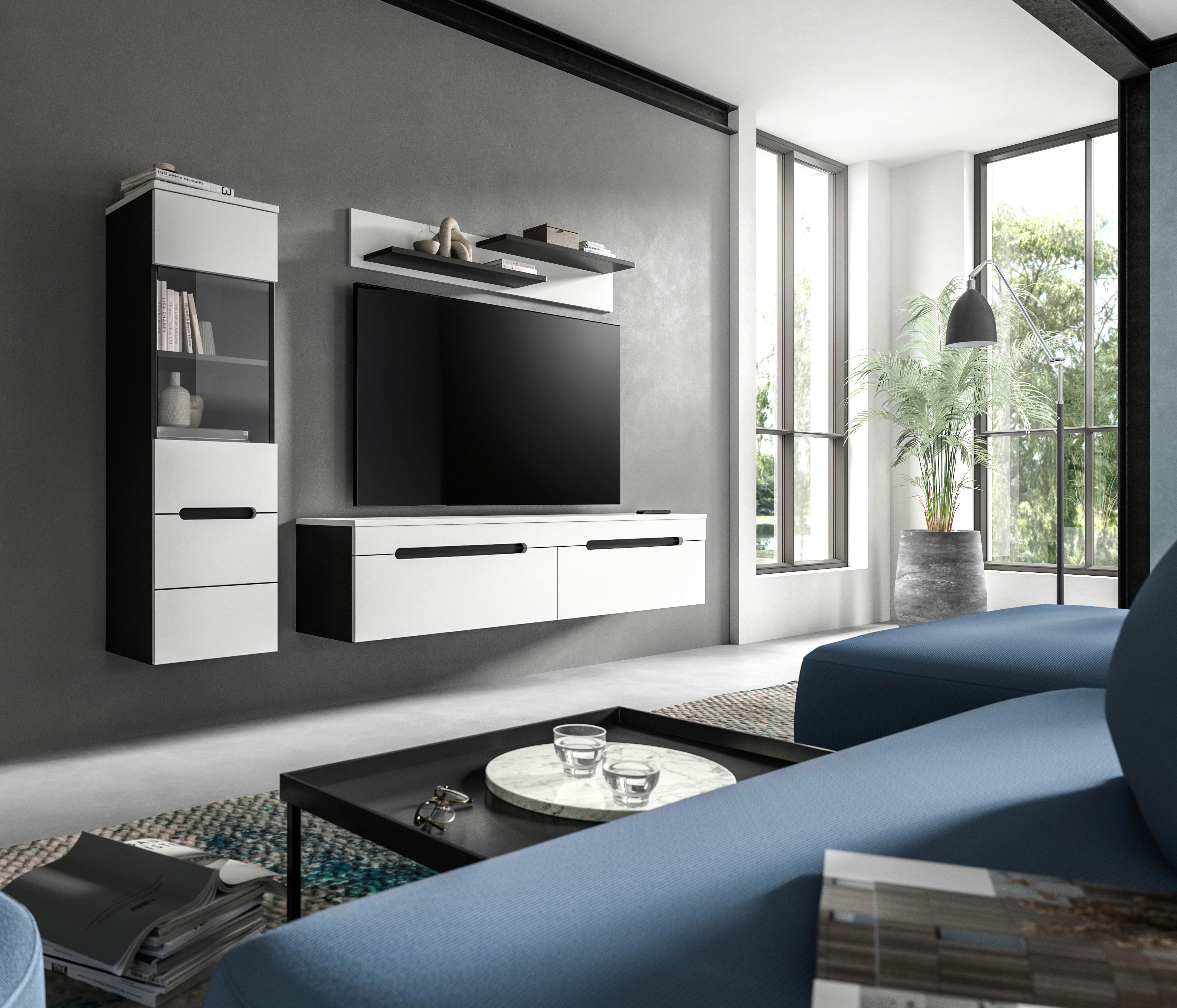 Thumbnail - Wohnwand Canu basaltgrau weiß B/H/T: ca. 221x141x33 cm