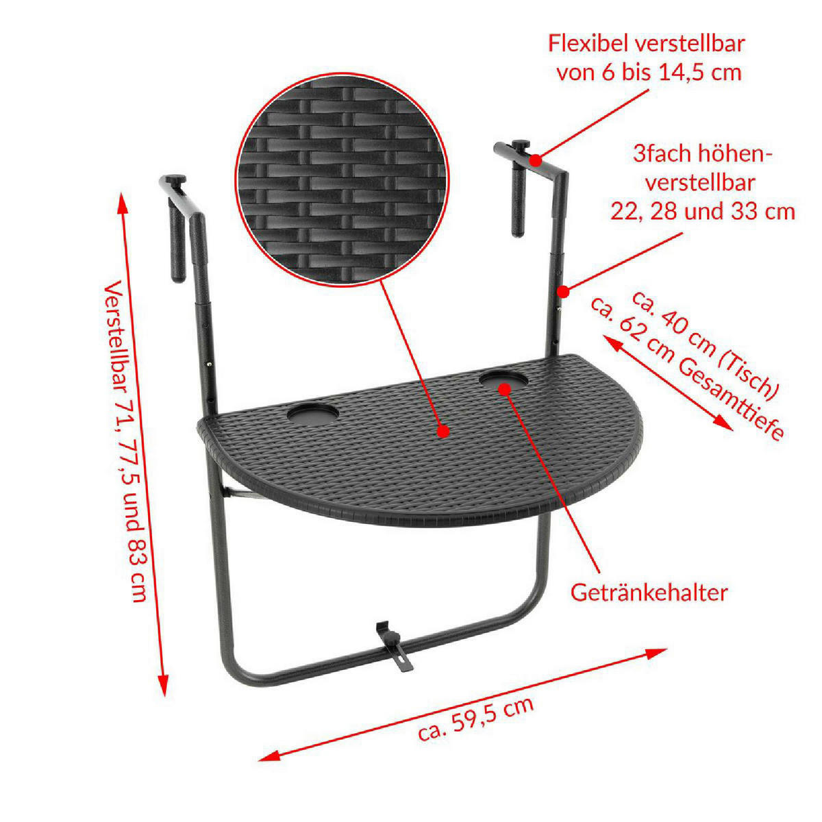 VCM Balkonhängetisch schwarz Polyrattan B/H/L: ca. 59x83x40 cm Balkonhängetisch - schwarz (40,00/59,00/83,00cm) - VCM