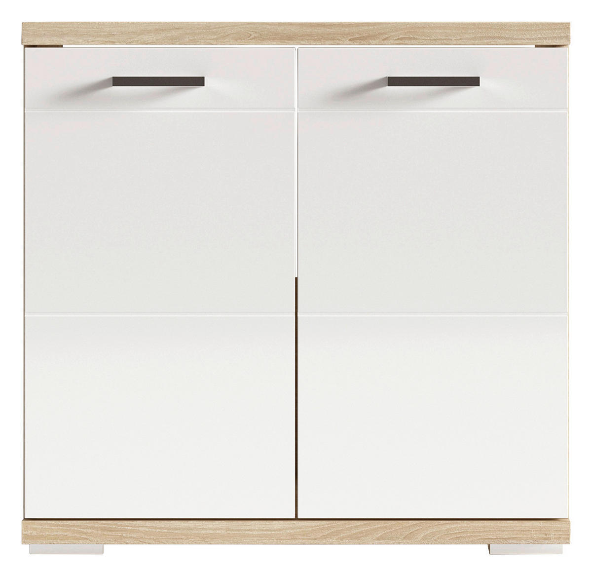 Waschbeckenunterschrank NEBRASKA Eiche Nachbildung weiß Lack Hochglanz silber B/H/T: ca. 60x59x31,5 cm NEBRASKA - Eiche/weiß (60,00/59,00/31,50cm) - byLIVING