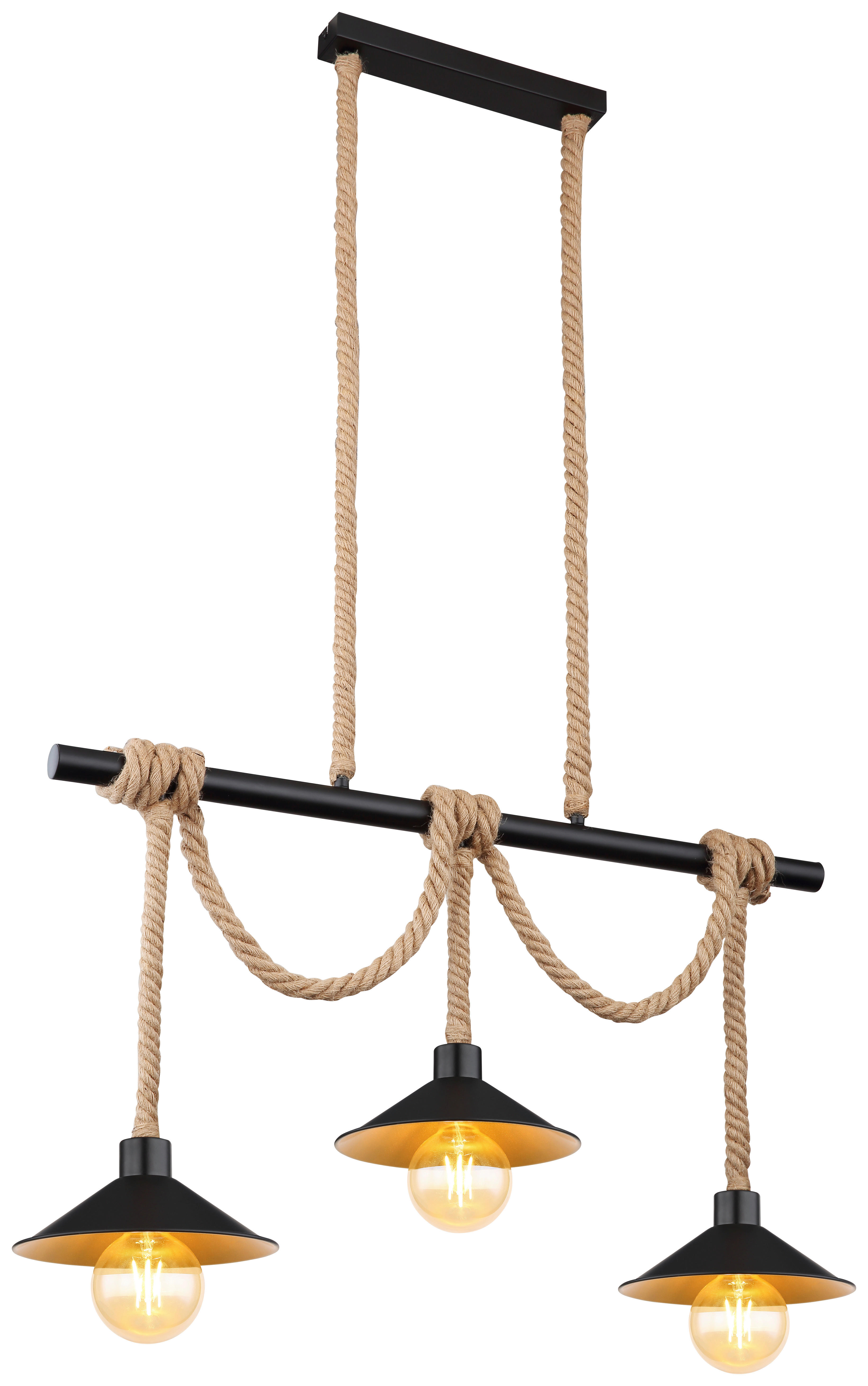 GLOBO Pendelleuchte DIANA 15690-3H schwarz Metall Hanfseil B/H/L: ca. 22x120x85,5 cm E27 3 Brennstellen Diana - schwarz (85,50/22,00/120,00cm)