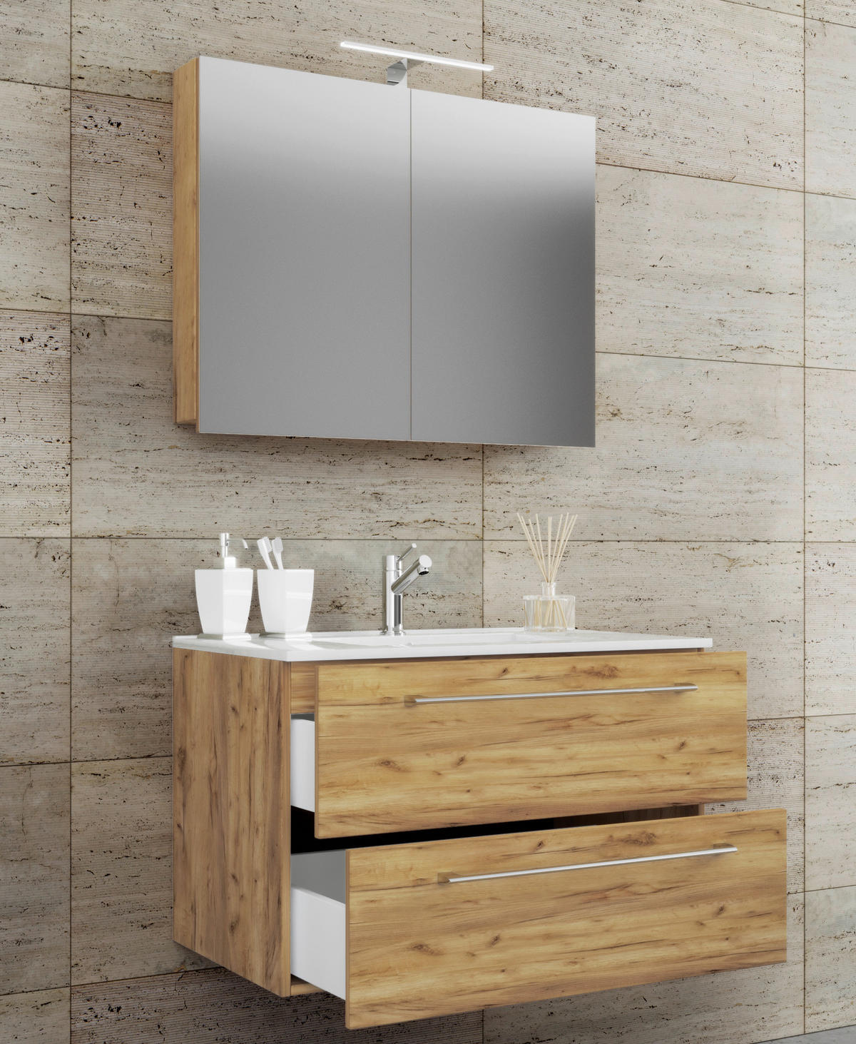 Waschplatz 3tlg-Badinos Eiche Honig Nachbildung B/H/T: ca. 81x52x46 cm 3tlg-Badinos - Eiche (81,00/52,00/46,00cm) - VCM Möbel