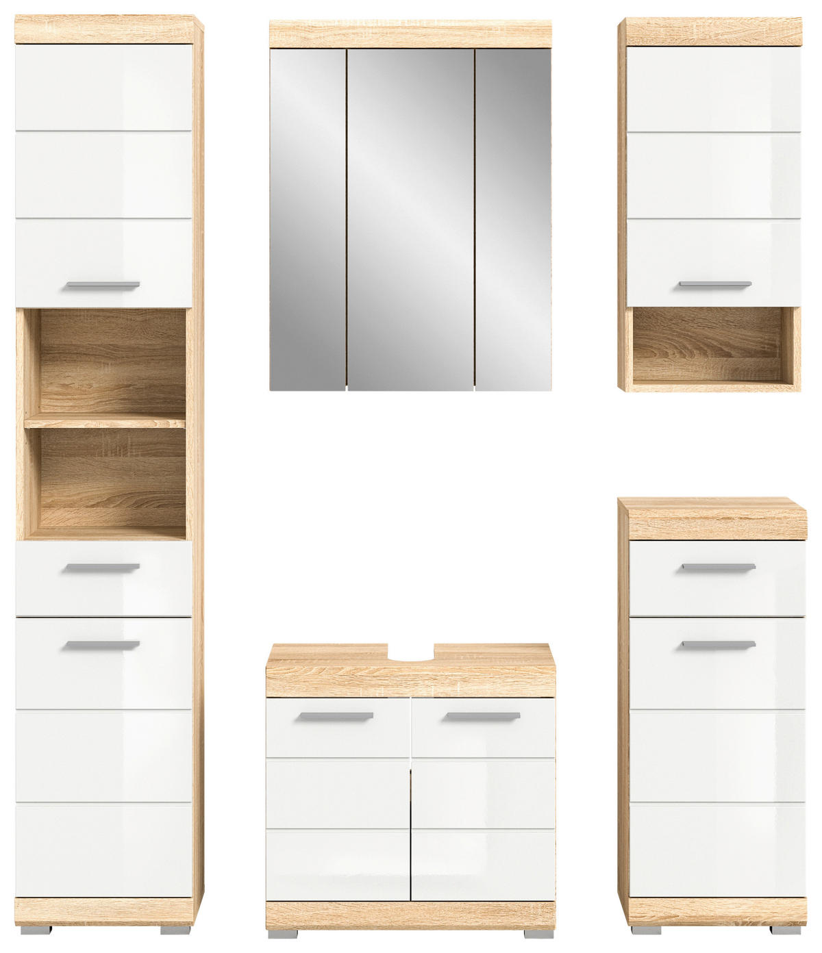 Badezimmer-Set LAMBADA Eiche Sonoma hell Nachbildung weiß Hochglanz B/H/T: ca. 164x191x34 cm LAMBADA - Eiche/weiß (164,00/191,00/34,00cm) - xonox.home